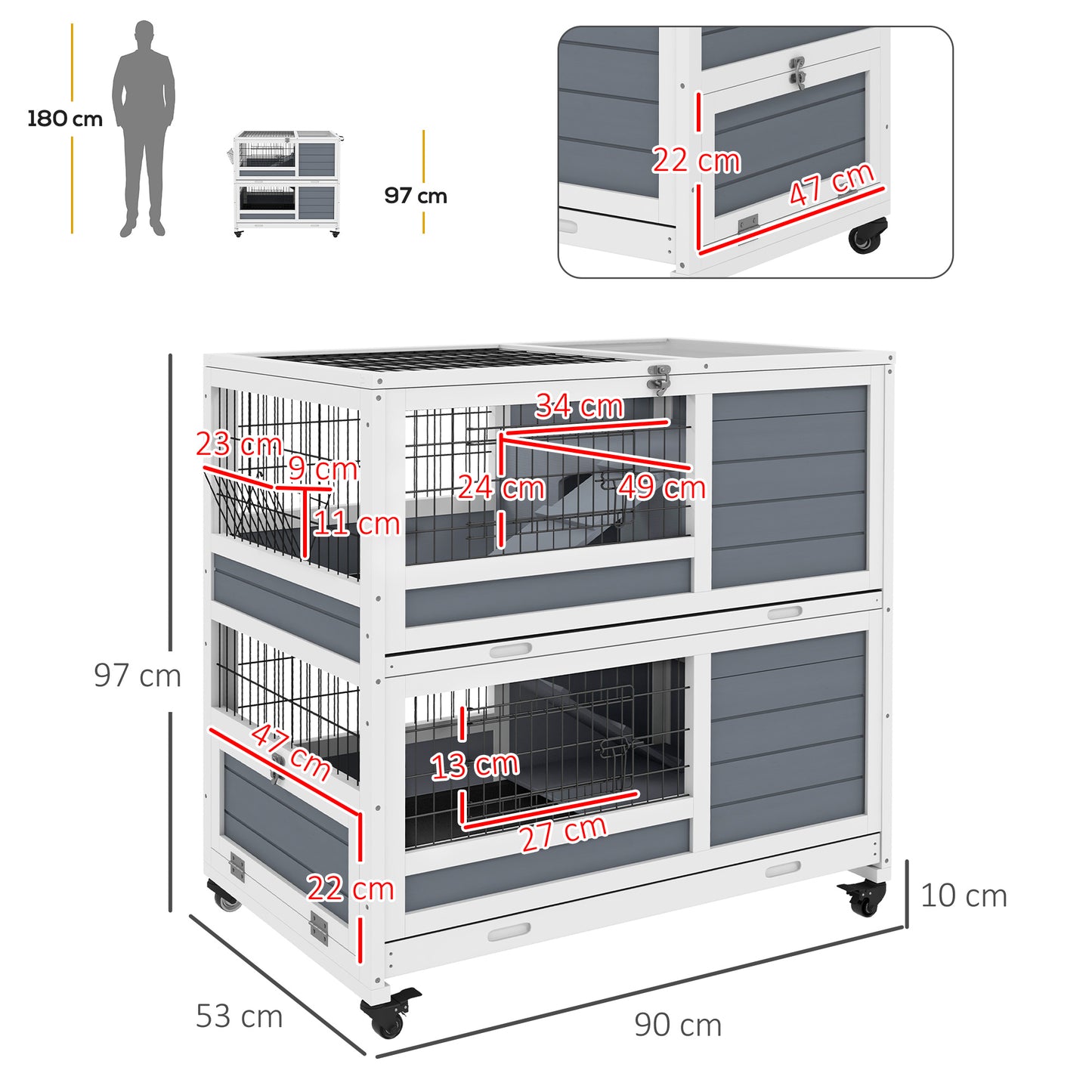 PawHut Conejera de Madera con Ruedas 90x53x97 cm Jaula para Conejos de 2 Niveles con Techo Abatible Bandeja Extraíble Comedero y Rampa Gris y Blanco