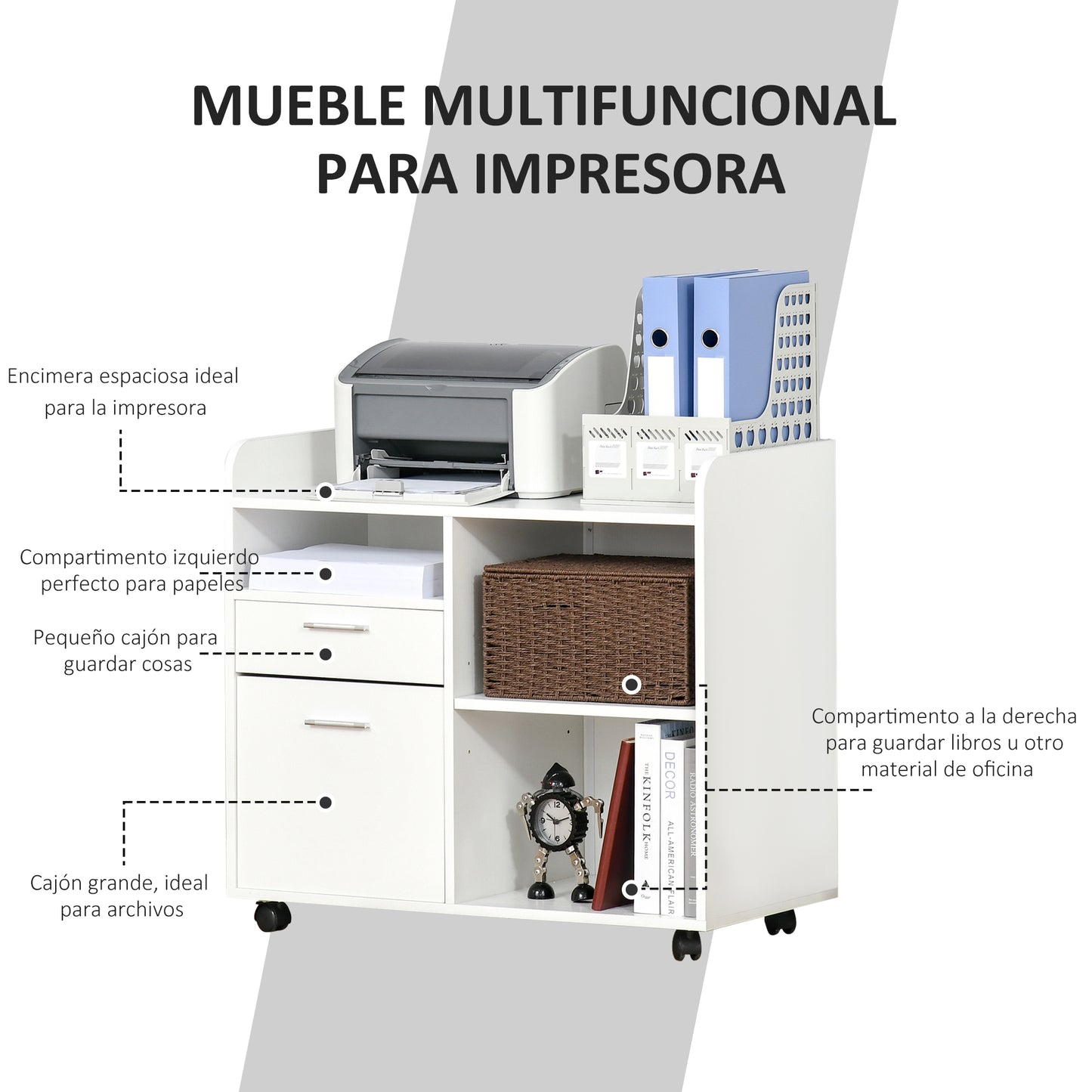 Vinsetto Mueble de Impresora Carro Multifuncional de Oficina con 3 Compartimentos 2 Cajones para Archivos Estante Ajustable Ruedas con 2 Frenos 80x40x72 cm Blanco