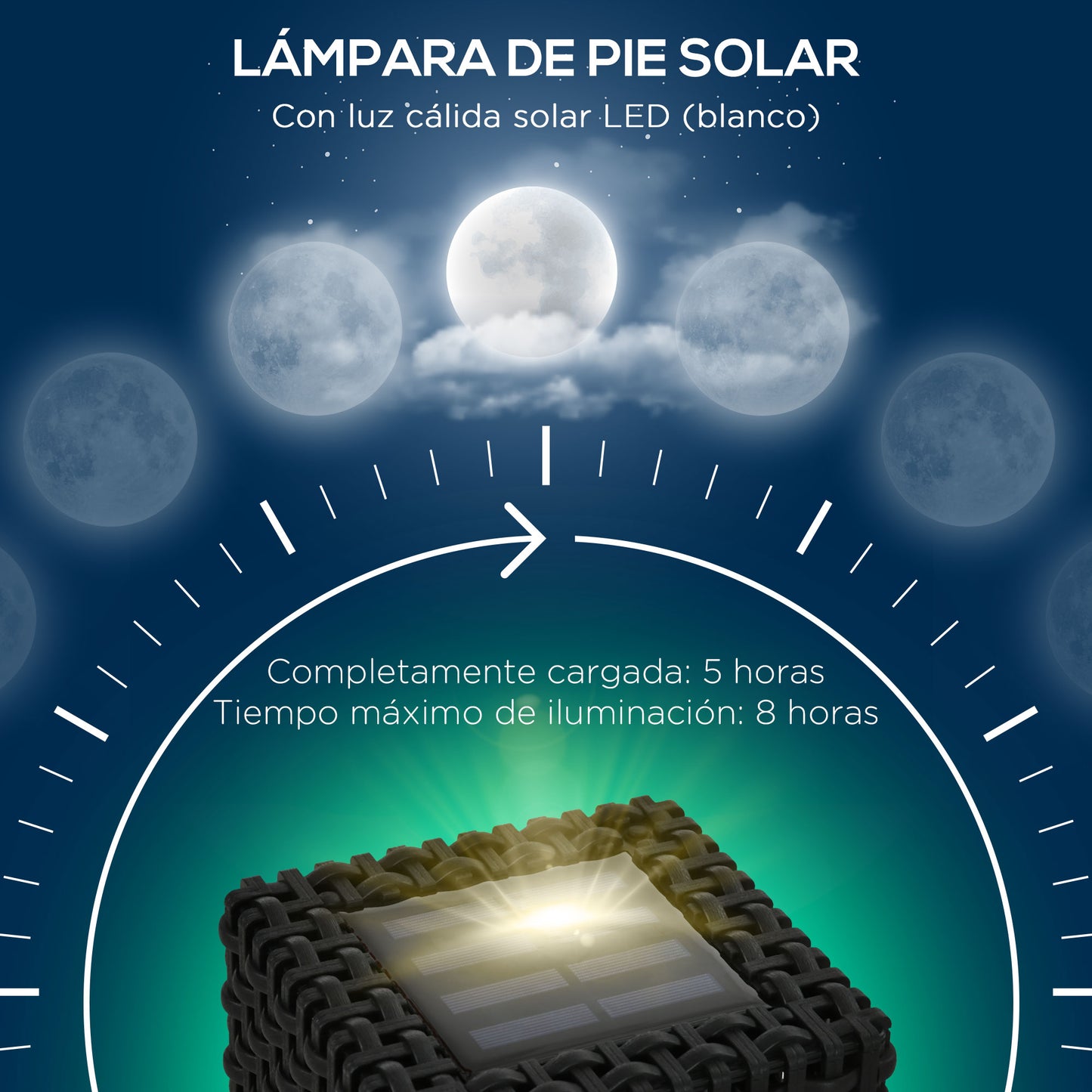 Outsunny Lámpara de Pie de Ratán Sintético Linterna Solar con Luces LED Control Automático para Decoración en Interiores y Exteriores 15,5x15,5x47 cm Negro