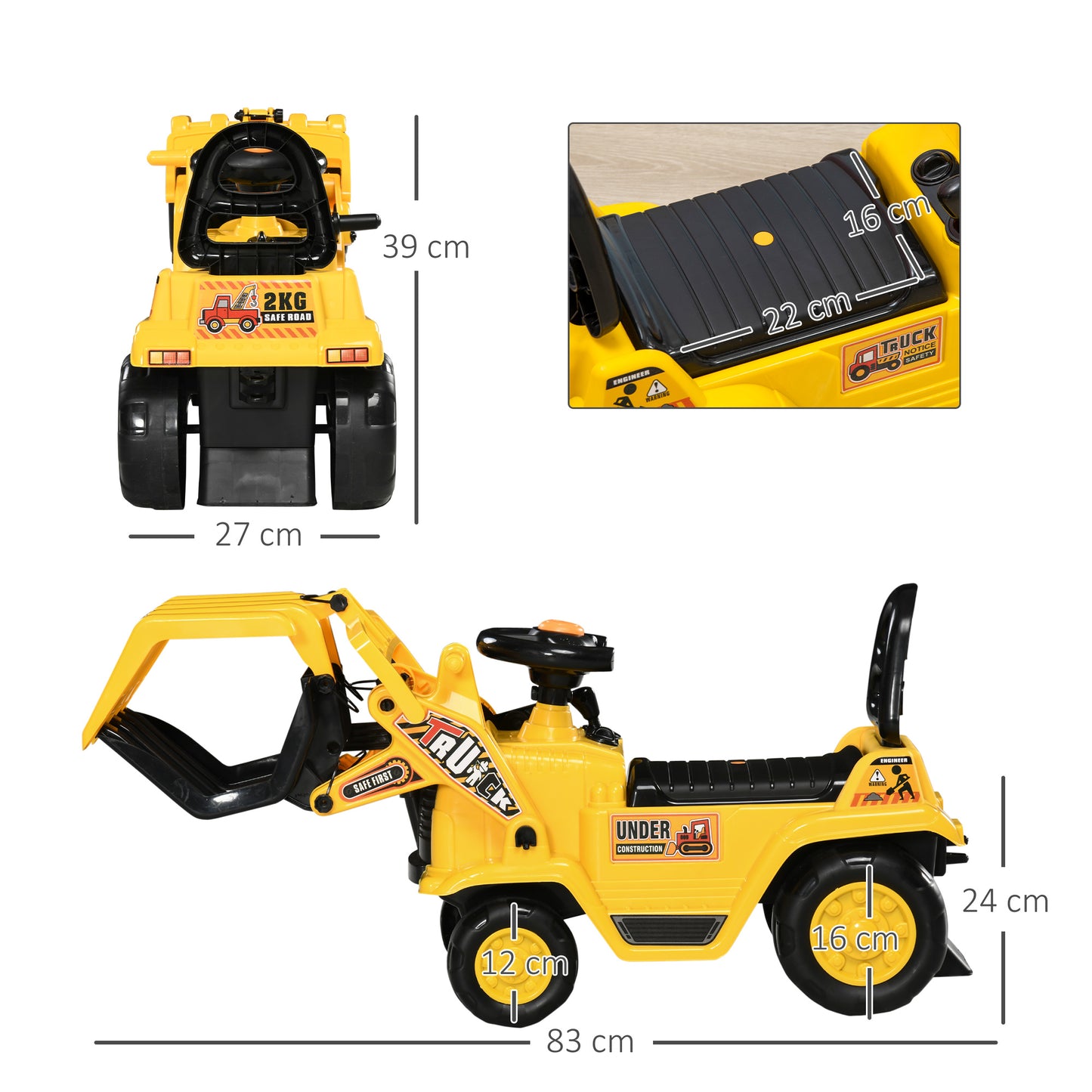 HOMCOM Tractor sin Pedales para Niños de +3 Años Excavadora Correpasillos Tractor Correpasillos con Pala Móvil Asiento de Almacenamiento y Bocina Carga 30 kg 83x27x39 cm Amarillo