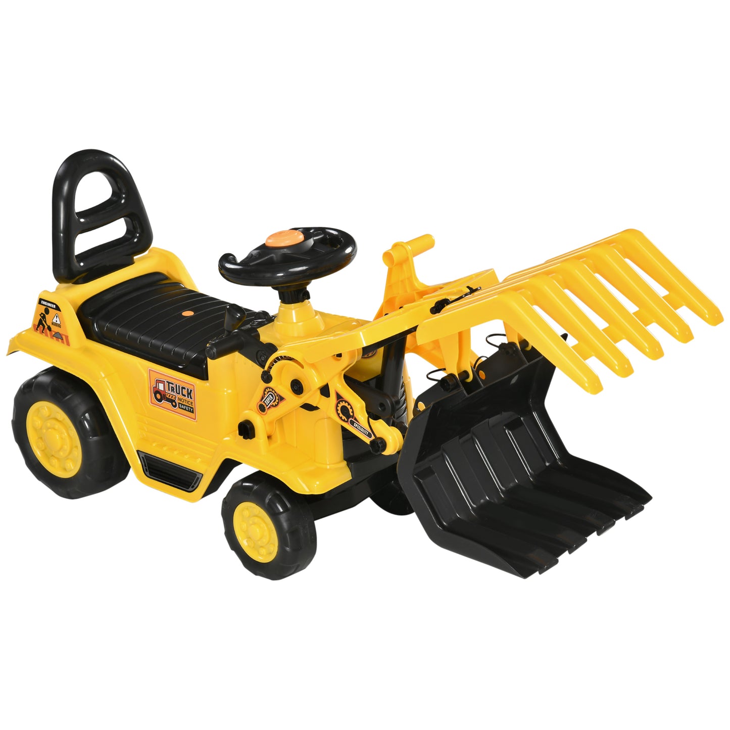 HOMCOM Tractor sin Pedales para Niños de +3 Años Excavadora Correpasillos Tractor Correpasillos con Pala Móvil Asiento de Almacenamiento y Bocina Carga 30 kg 83x27x39 cm Amarillo