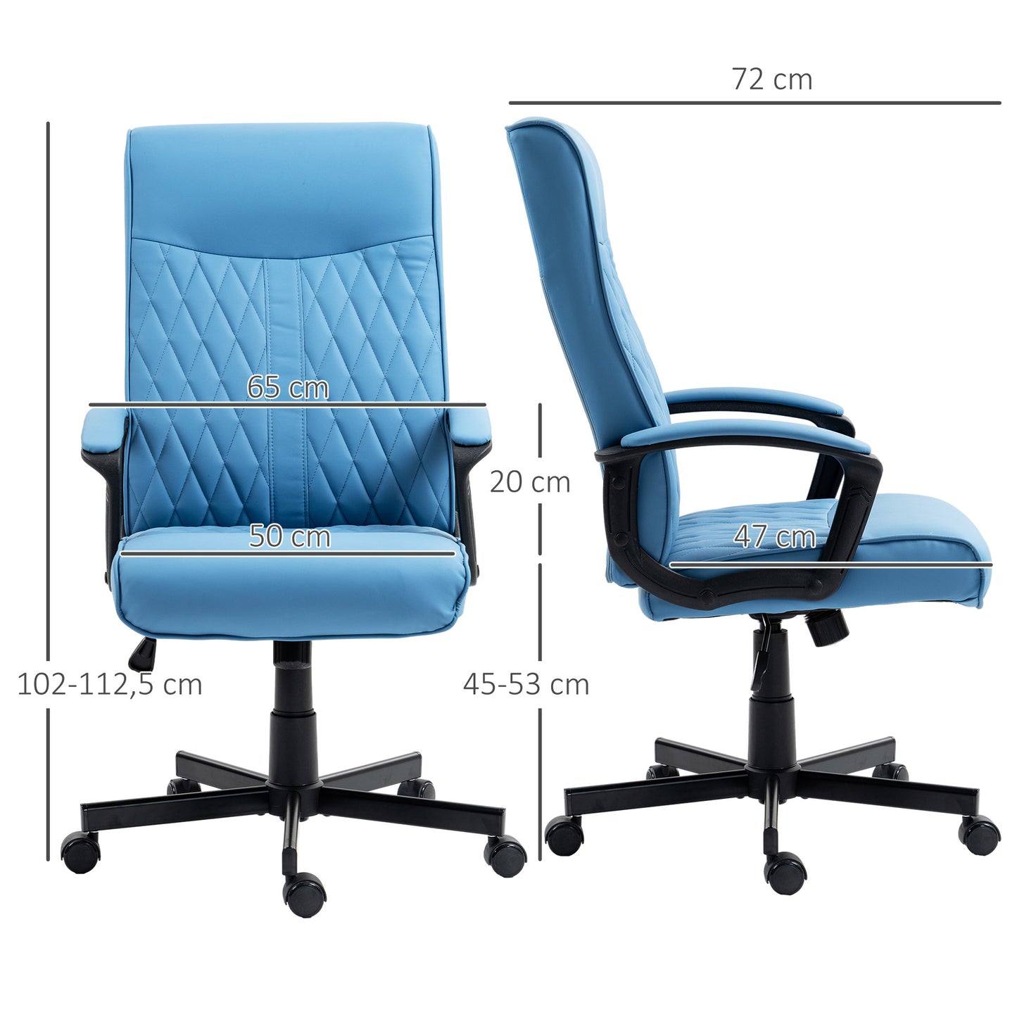 Vinsetto Silla de Oficina Giratoria Silla de Escritorio Basculante Tapizado en PU con Respaldo Alto y Altura Ajustable para Salón Oficina Carga 120 kg 65x72x102-112,5 cm Azul