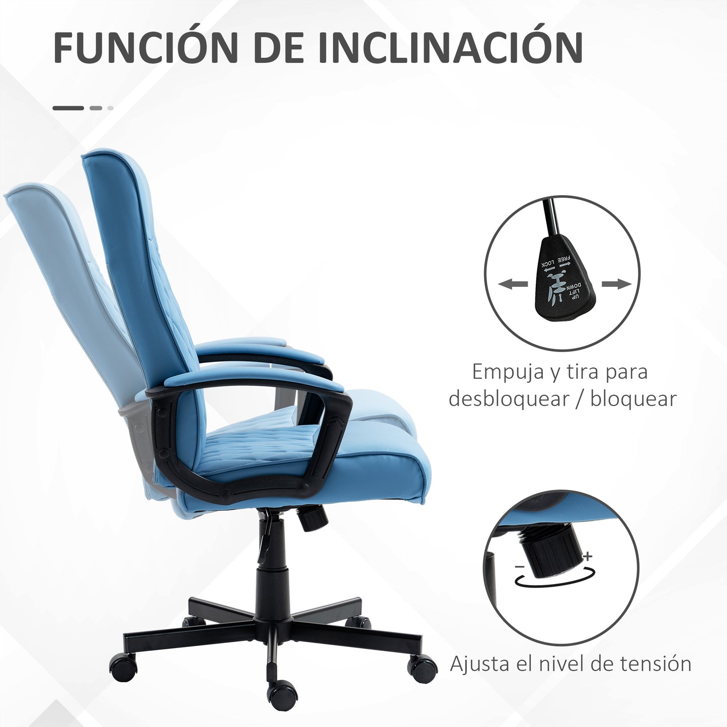 Vinsetto Silla de Oficina Giratoria Silla de Escritorio Basculante Tapizado en PU con Respaldo Alto y Altura Ajustable para Salón Oficina Carga 120 kg 65x72x102-112,5 cm Azul