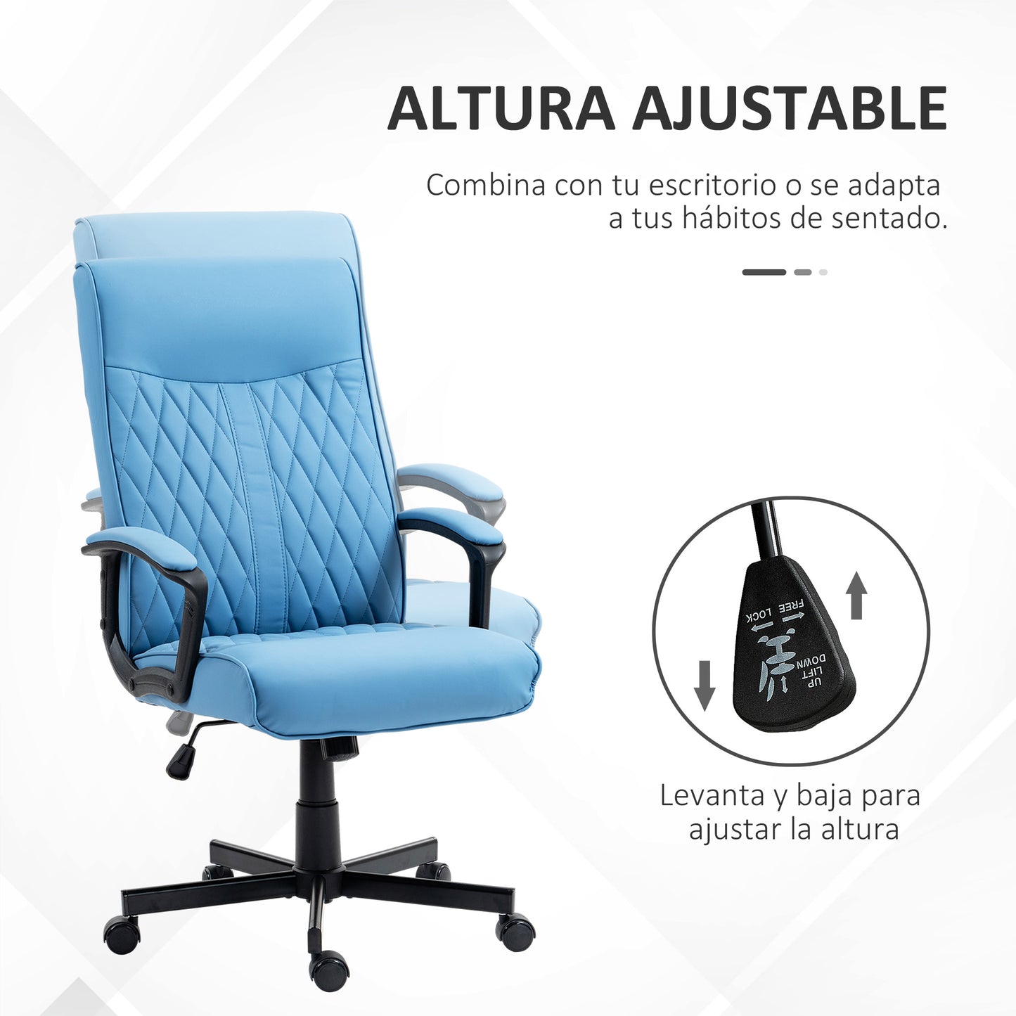 Vinsetto Silla de Oficina Giratoria Silla de Escritorio Basculante Tapizado en PU con Respaldo Alto y Altura Ajustable para Salón Oficina Carga 120 kg 65x72x102-112,5 cm Azul