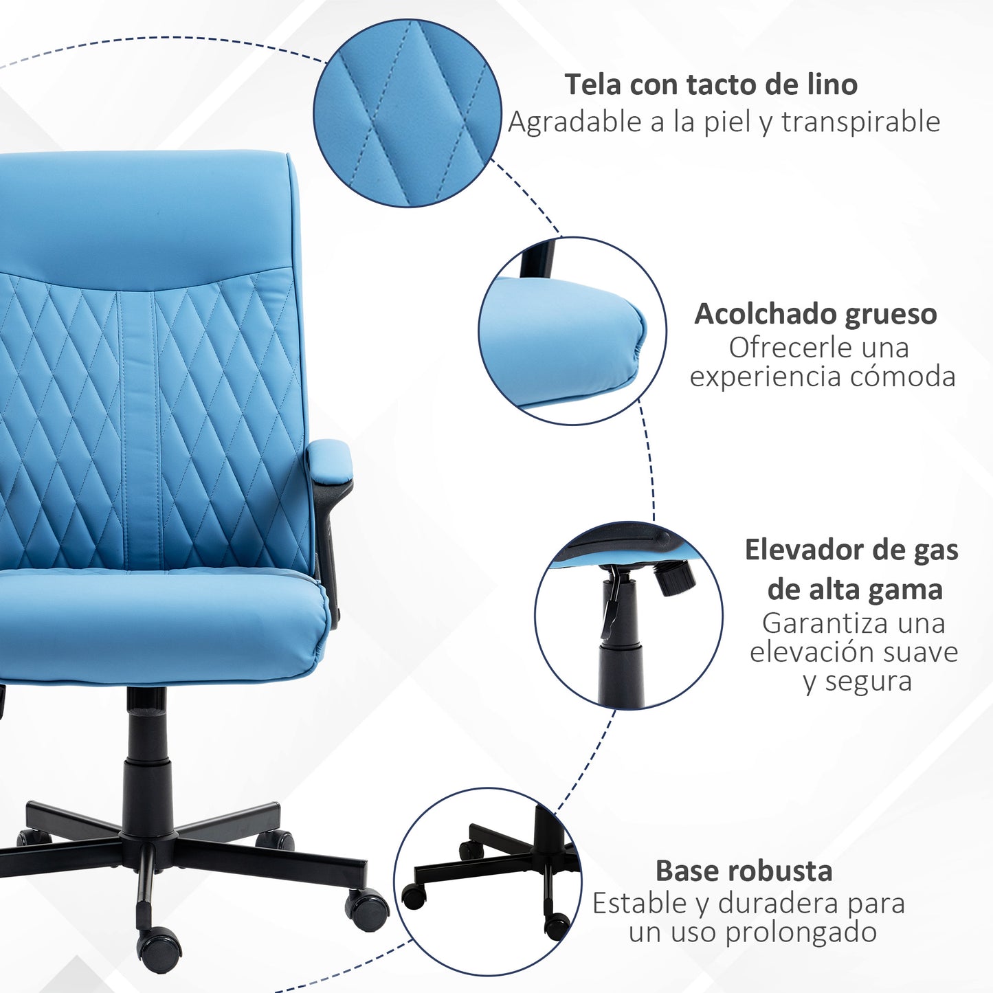 Vinsetto Silla de Oficina Giratoria Silla de Escritorio Basculante Tapizado en PU con Respaldo Alto y Altura Ajustable para Salón Oficina Carga 120 kg 65x72x102-112,5 cm Azul