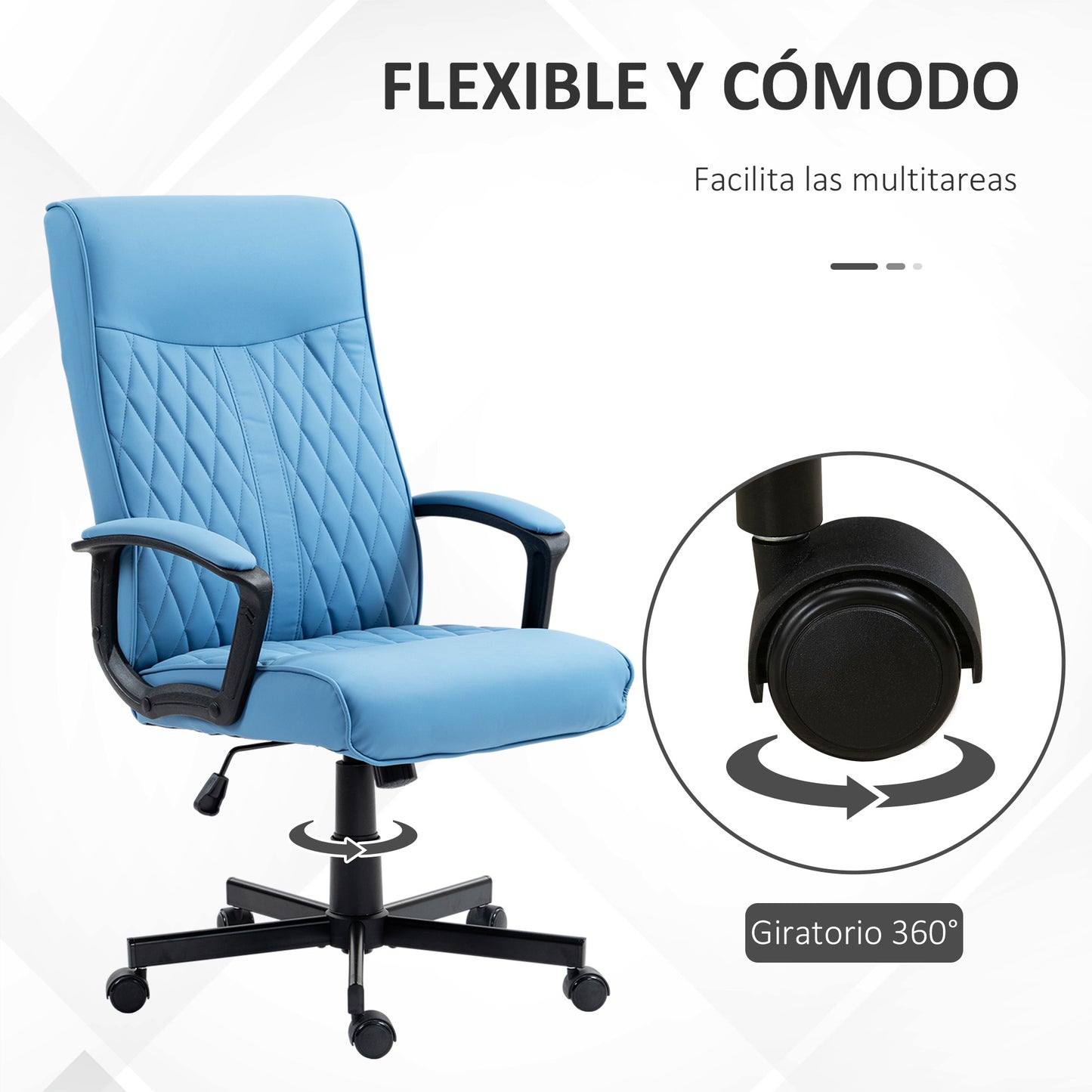 Vinsetto Silla de Oficina Giratoria Silla de Escritorio Basculante Tapizado en PU con Respaldo Alto y Altura Ajustable para Salón Oficina Carga 120 kg 65x72x102-112,5 cm Azul