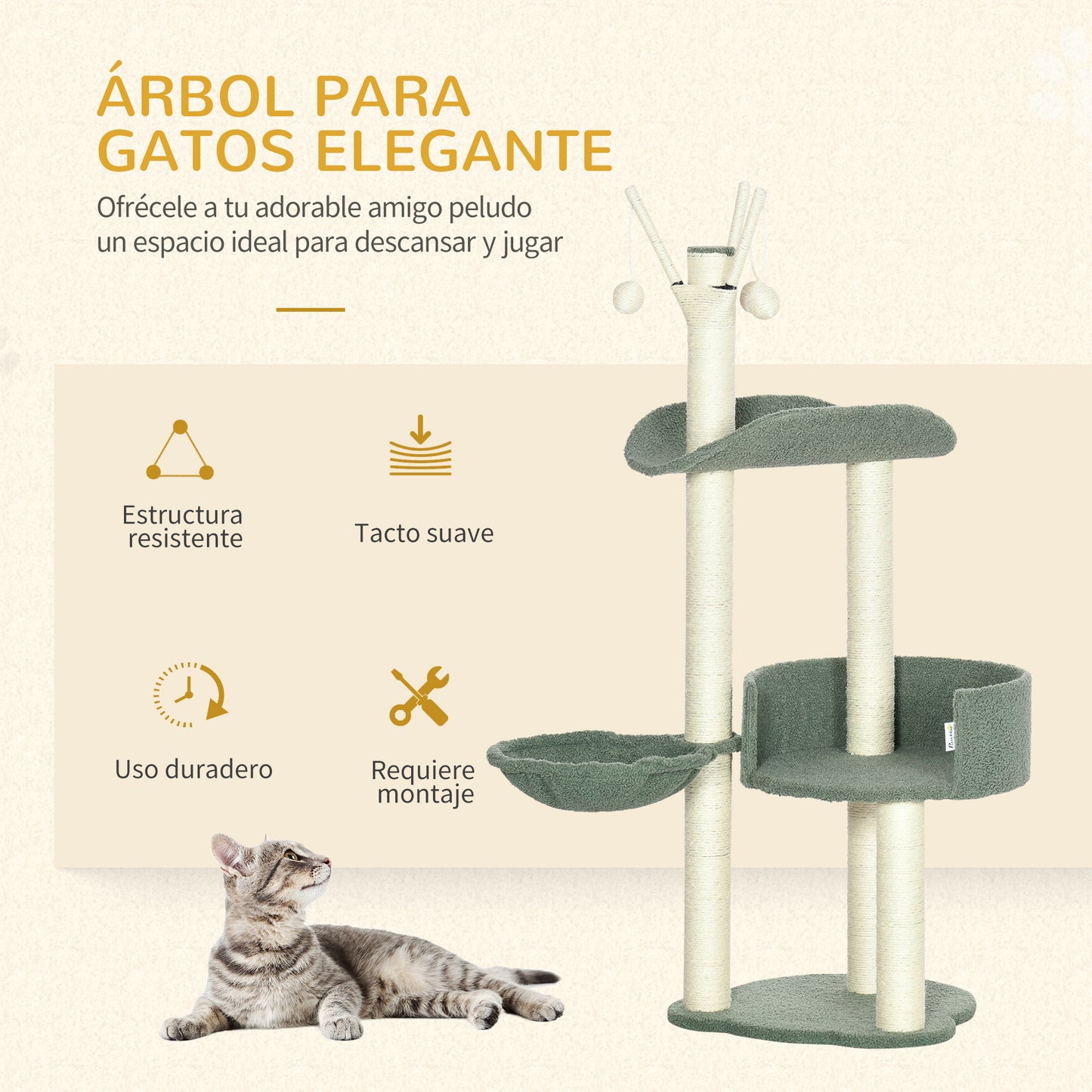 PawHut Árbol Rascador para Gatos Torre para Gatos Altura 123 cm con Hamaca Camas Postes de Sisal y Bolas de Juego 44x43x123 cm Verde y Crema