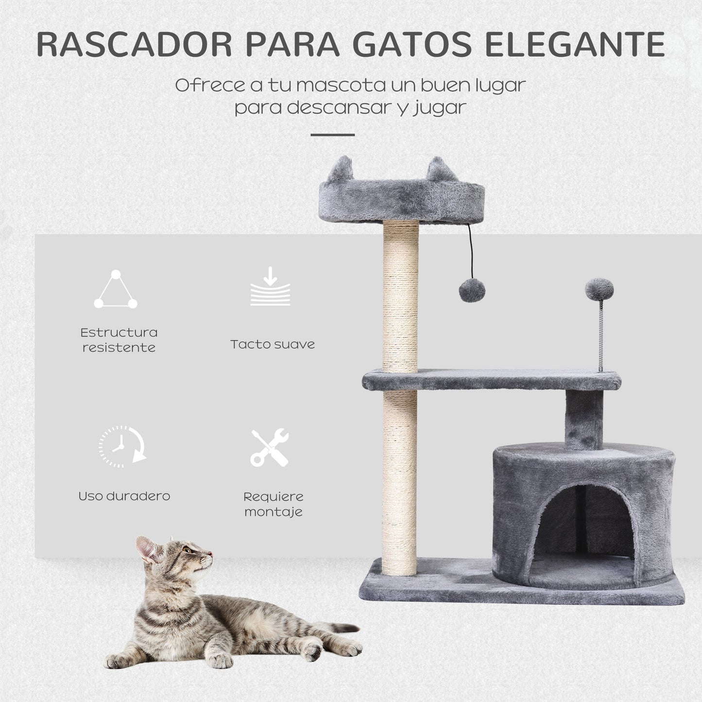 PawHut Árbol Rascador para Gatos 81 cm Torre para Gatos Medianos con Cama Plataforma Refugio Poste de Sisal y Bolas de Juguete 60x40x81 cm Gris