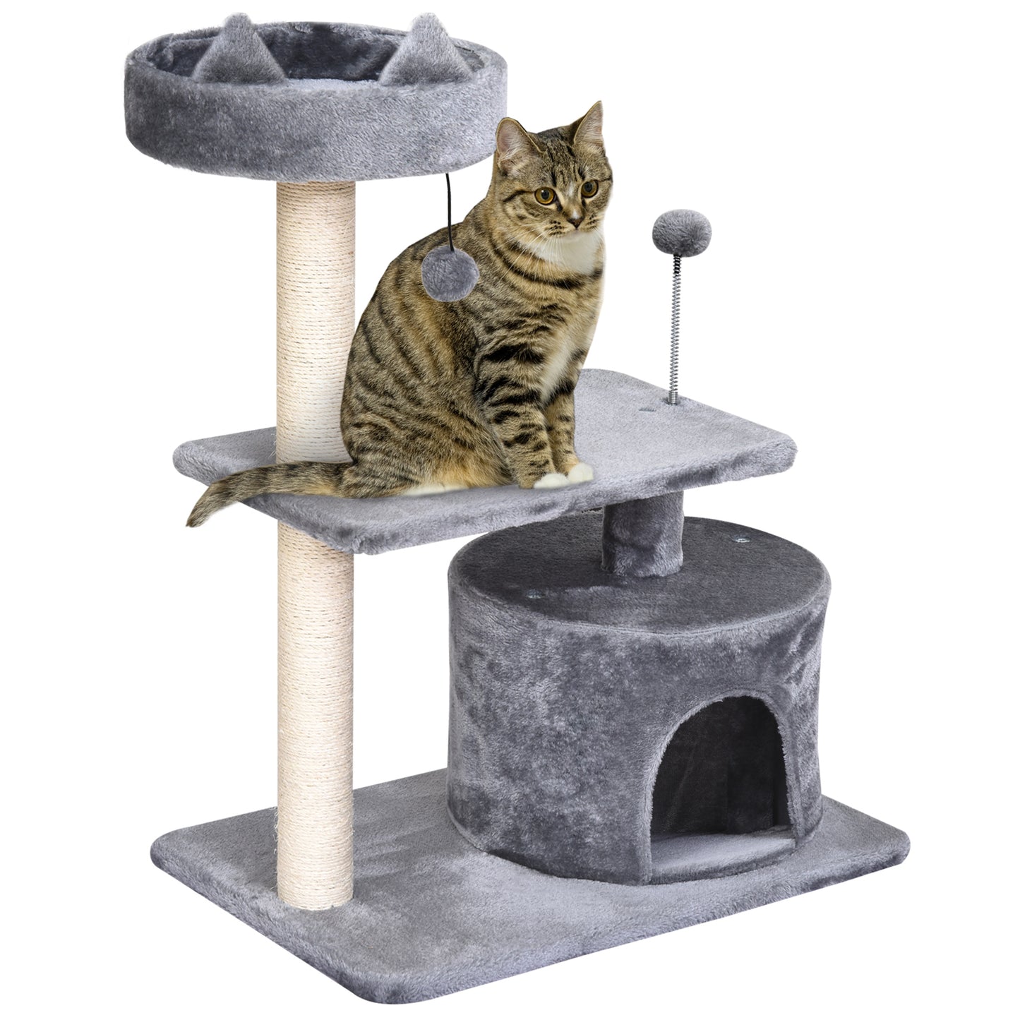 PawHut Árbol Rascador para Gatos 81 cm Torre para Gatos Medianos con Cama Plataforma Refugio Poste de Sisal y Bolas de Juguete 60x40x81 cm Gris