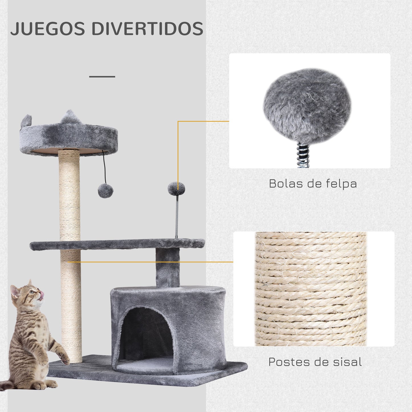 PawHut Árbol Rascador para Gatos 81 cm Torre para Gatos Medianos con Cama Plataforma Refugio Poste de Sisal y Bolas de Juguete 60x40x81 cm Gris