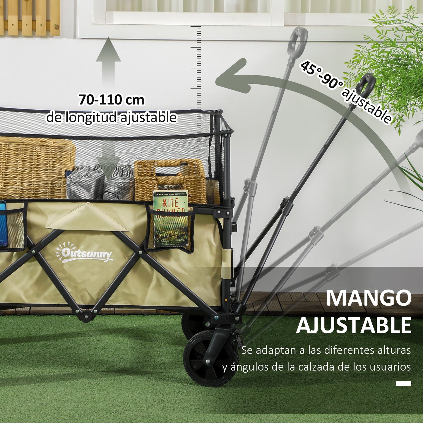 Outsunny Carro de Jardín 180 L Carro Plegable con Longitud y Ángulo del Mango Ajustables y Paredes Laterales Extensibles Carga 120 kg para Patio Playa Caqui