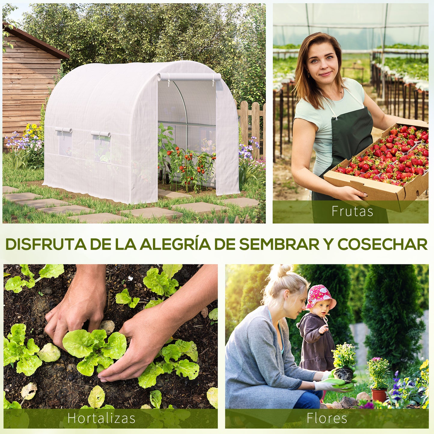 Outsunny Invernadero de Túnel 245x200x200 cm Invernadero de Jardín con Puerta Enrollable y Ventanas Múltiples Cubierta PE 140 g/m² Anti-UV Marco de Metal para Cultivo Plantas Verduras Blanco