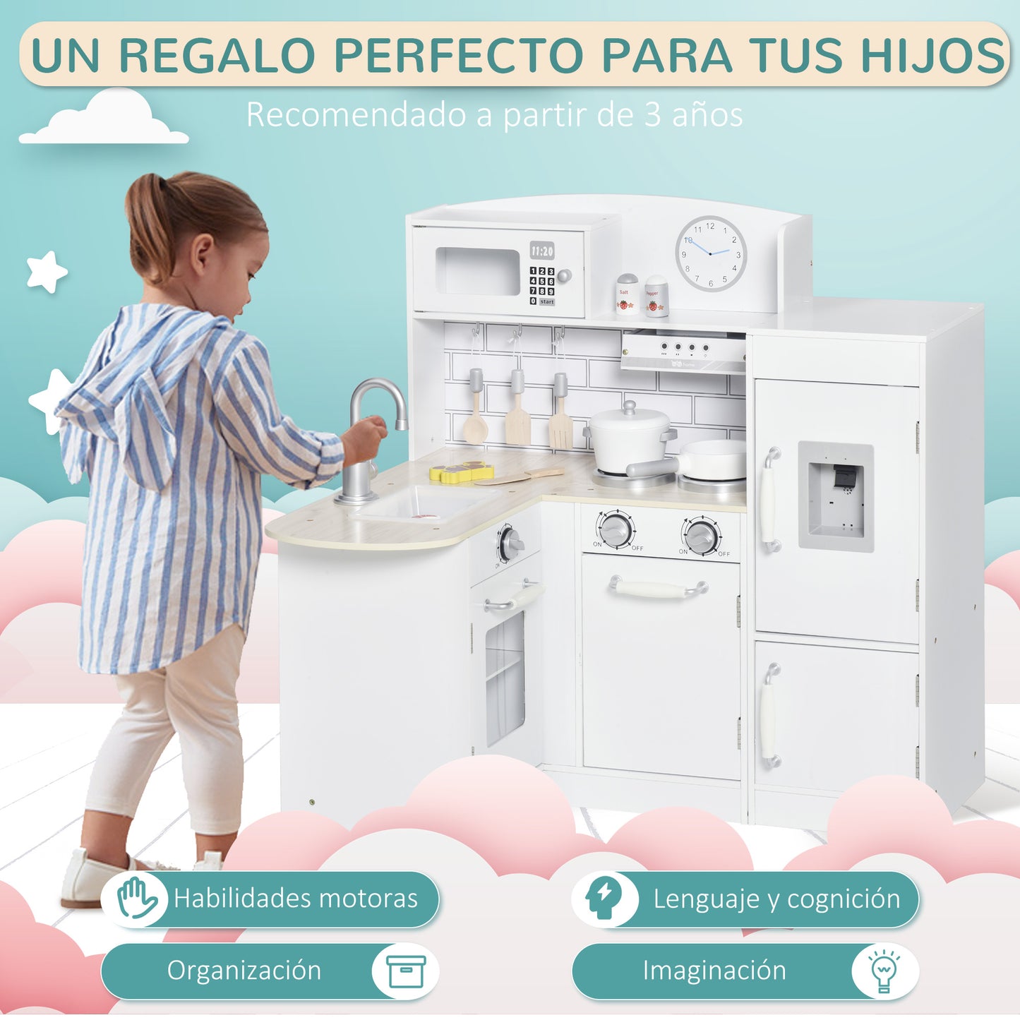 HOMCOM Cocina de Juguete de Madera para Niños de +3 Años con 14 Accesorios Separable Cocinita Infantil con Sonido Nevera Microondas Fregadero Campana 86x64x84,5 cm Blanco