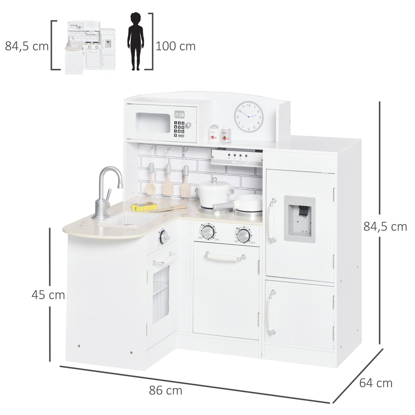 HOMCOM Cocina de Juguete de Madera para Niños de +3 Años con 14 Accesorios Separable Cocinita Infantil con Sonido Nevera Microondas Fregadero Campana 86x64x84,5 cm Blanco