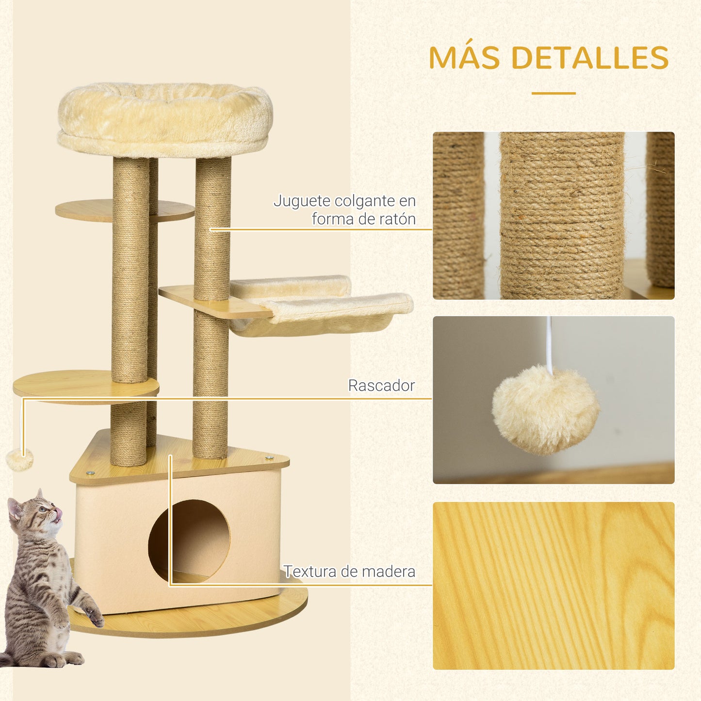 PawHut Árbol Rascador para Gatos Ø60x99 cm con Cueva Triangular de Fieltro Extraíble Hamaca Cama Lavable Postes Rascador de Yute Plataformas y Bola Colgante Beige y Natural