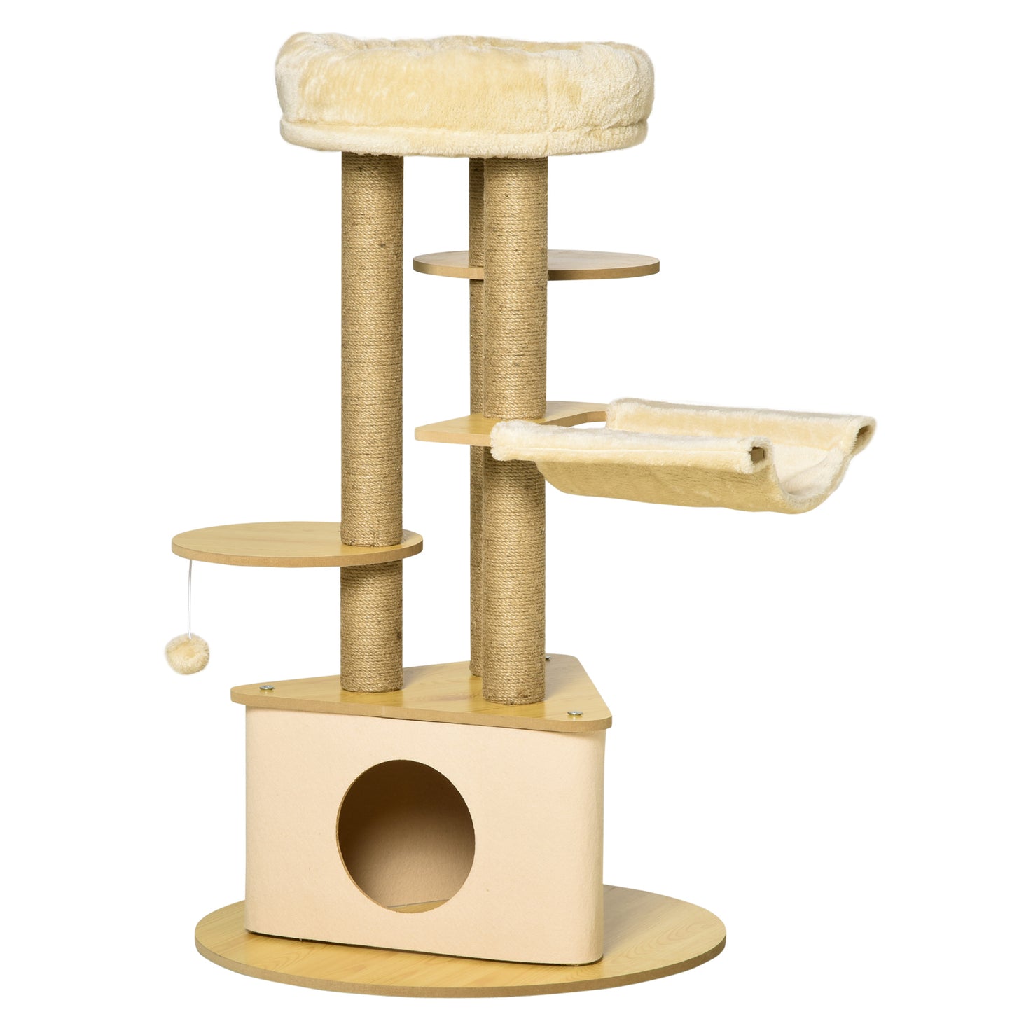 PawHut Árbol Rascador para Gatos Ø60x99 cm con Cueva Triangular de Fieltro Extraíble Hamaca Cama Lavable Postes Rascador de Yute Plataformas y Bola Colgante Beige y Natural