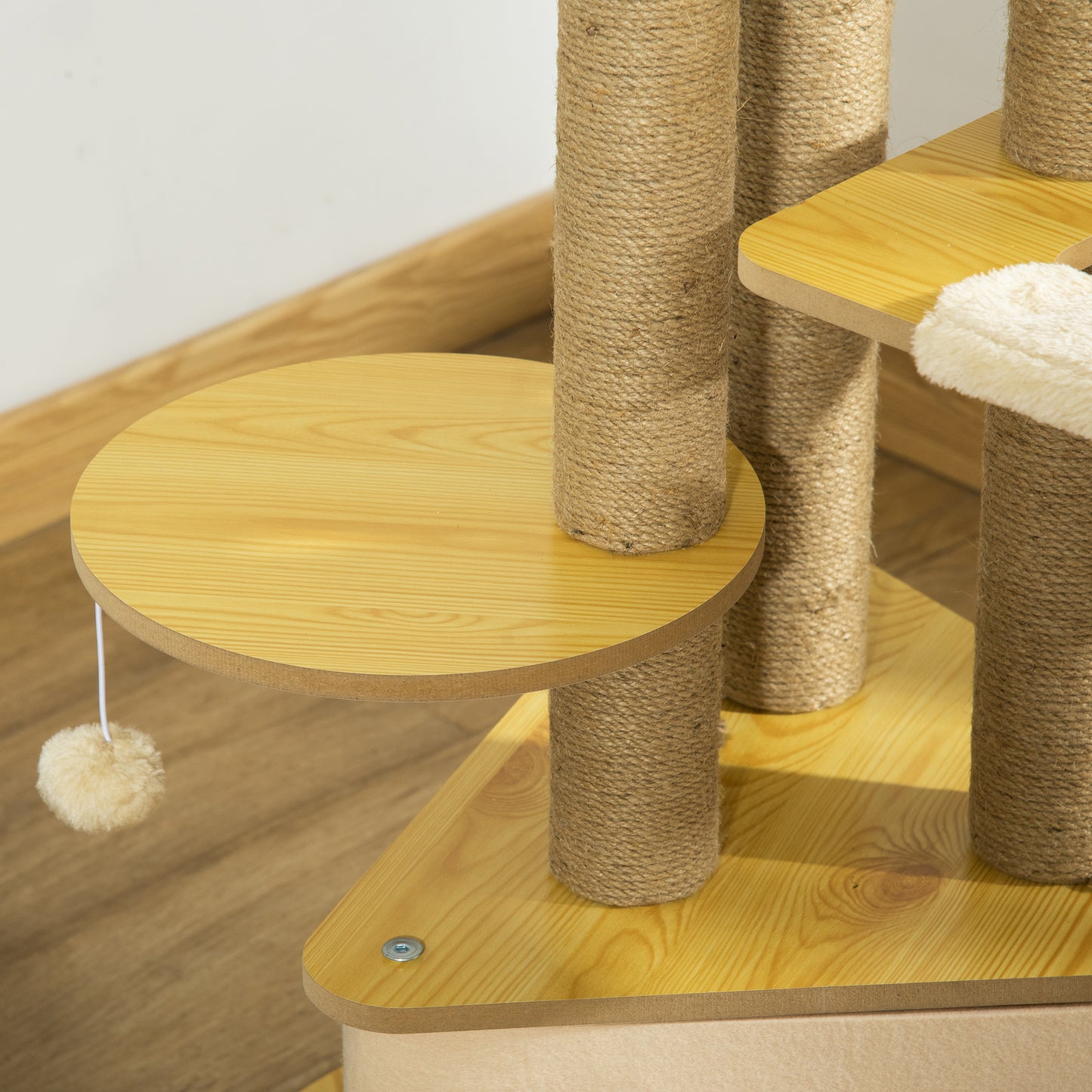 PawHut Árbol Rascador para Gatos Ø60x99 cm con Cueva Triangular de Fieltro Extraíble Hamaca Cama Lavable Postes Rascador de Yute Plataformas y Bola Colgante Beige y Natural