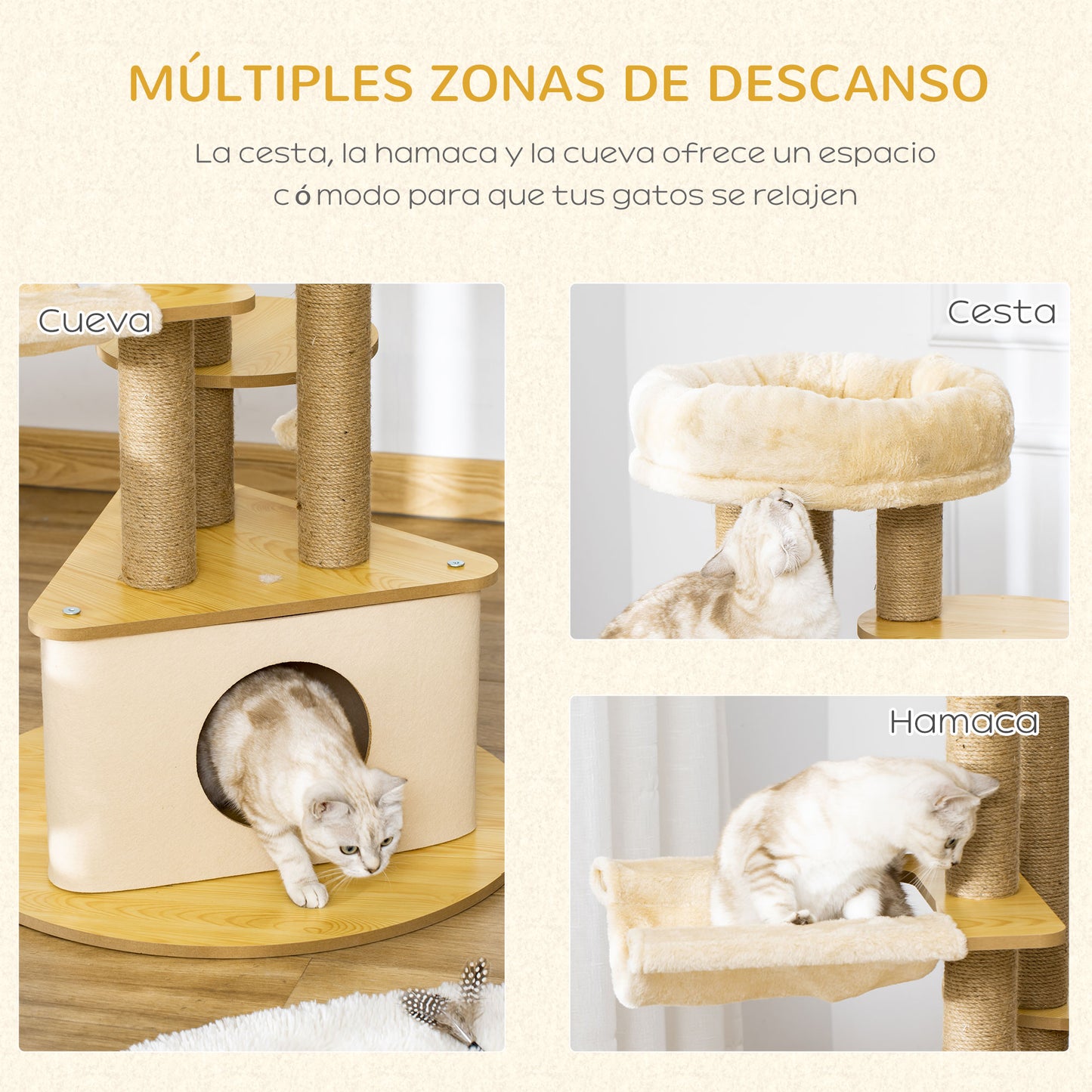 PawHut Árbol Rascador para Gatos Ø60x99 cm con Cueva Triangular de Fieltro Extraíble Hamaca Cama Lavable Postes Rascador de Yute Plataformas y Bola Colgante Beige y Natural