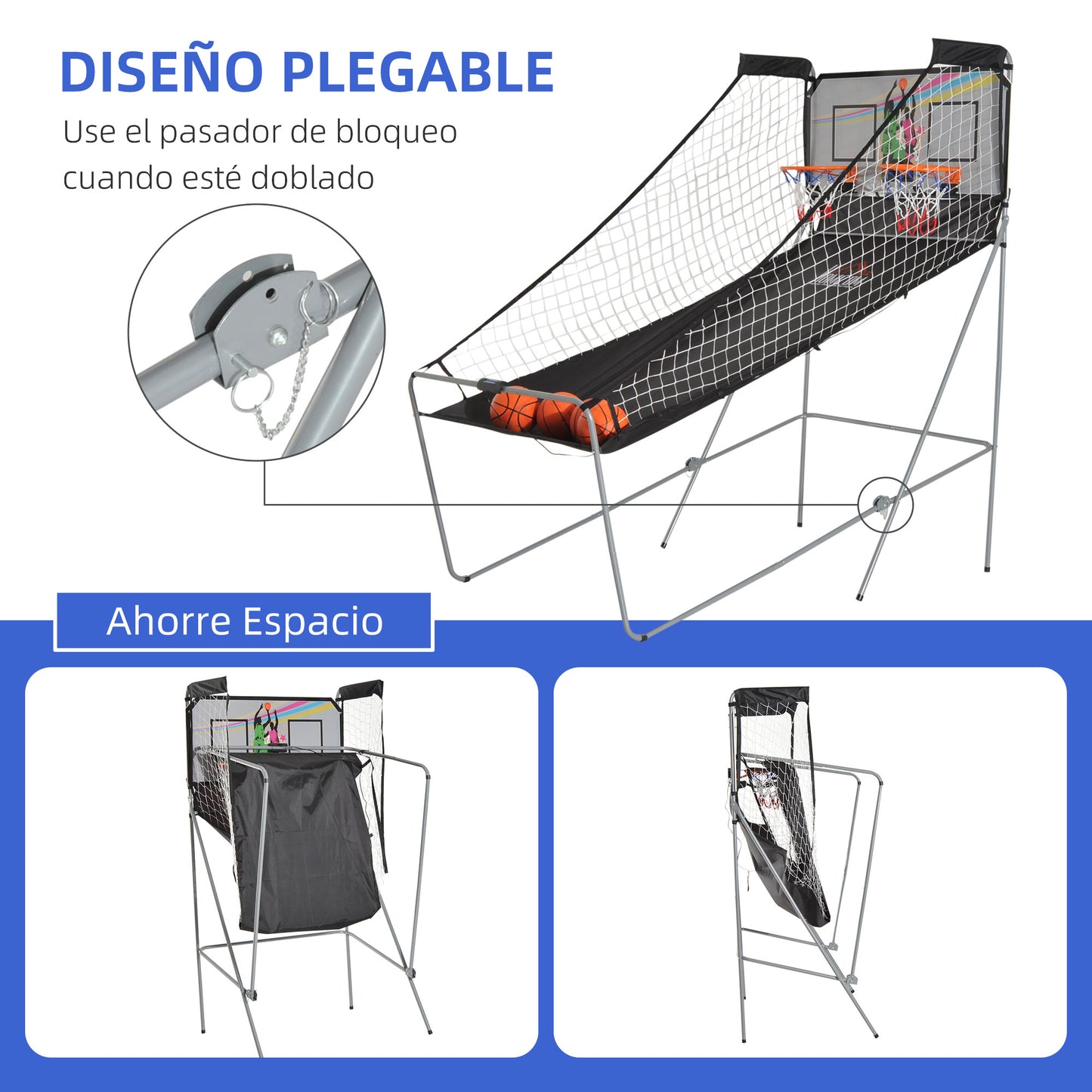 HOMCOM Juego de Canastas de Baloncesto Plegables y Portátiles con Contador Electrónico Doble y 4 Pelotas de Baloncesto con Soporte de Acero y Color Negro y Blanco 205x110x205cm (PxANxAL)