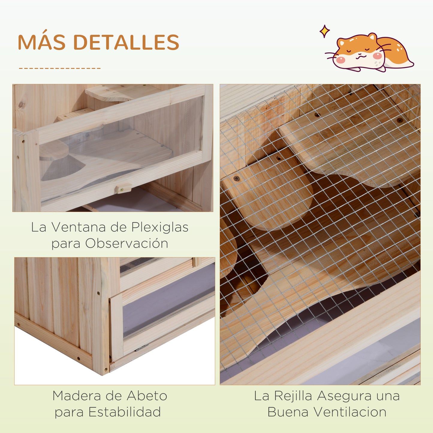 PawHut Jaula Madera para Hámster Ratoncillos Roedores Casa para Animales Pequeños 2 Niveles de Plataforma Rampa Techo Abatible 60x35x42 cm