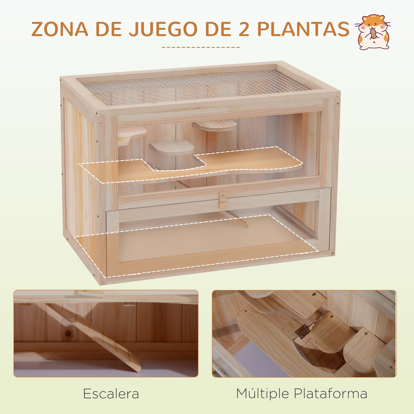 PawHut Jaula Madera para Hámster Ratoncillos Roedores Casa para Animales Pequeños 2 Niveles de Plataforma Rampa Techo Abatible 60x35x42 cm