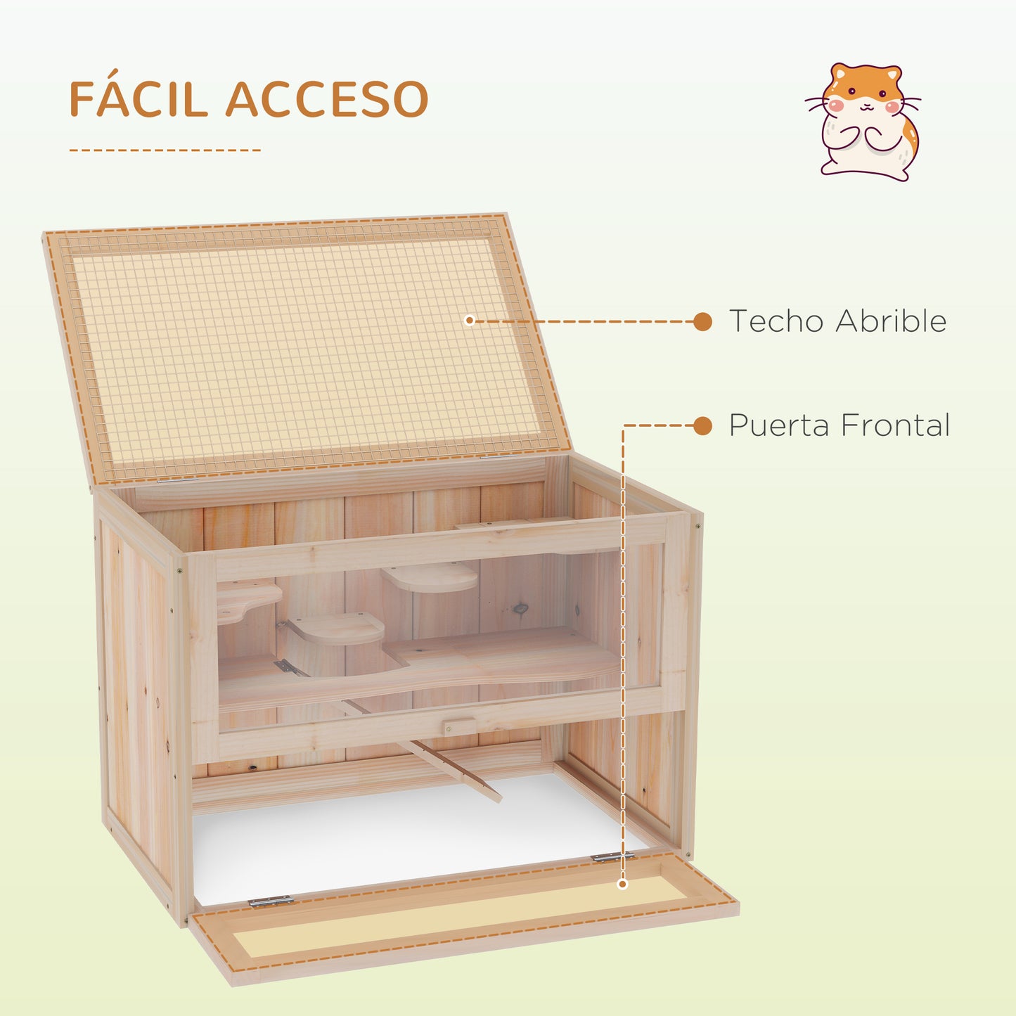 PawHut Jaula Madera para Hámster Ratoncillos Roedores Casa para Animales Pequeños 2 Niveles de Plataforma Rampa Techo Abatible 60x35x42 cm