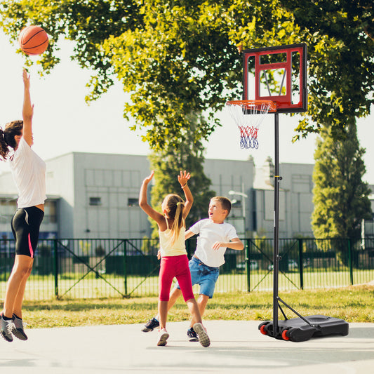 HOMCOM Canasta de Baloncesto Ajustable de 205-261 cm Aro de Baloncesto con Soporte de Acero Base Rellenable y 2 Ruedas de Transporte para Niños y Adultos Rojo Negro