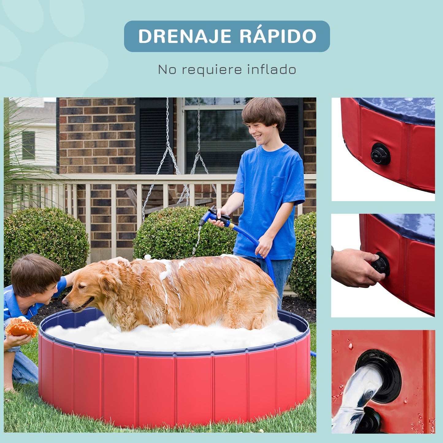 PawHut Piscina Plegable para Perros Gatos Ø120x30 cm Bañera Portátil para Mascotas PVC Antideslizante Múltiples Usos para Interiores y Exteriores Rojo