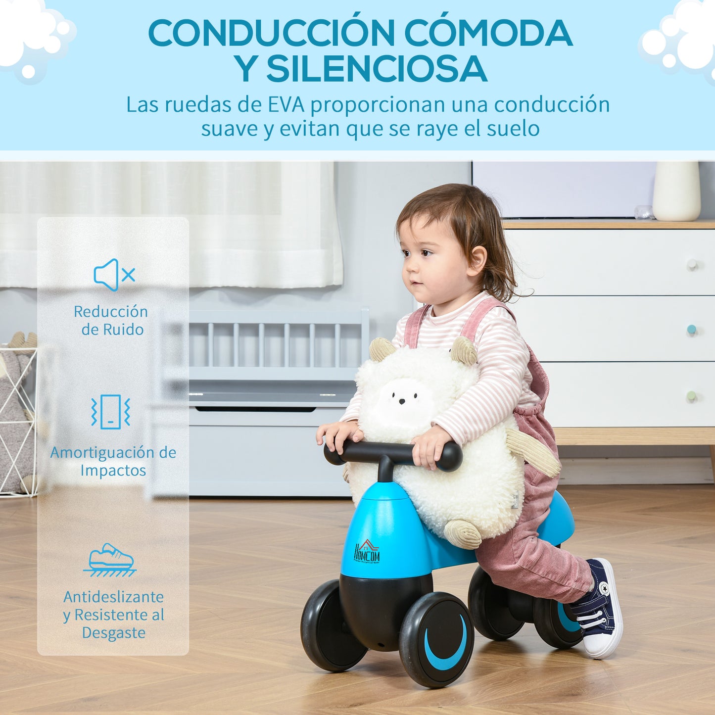 HOMCOM Correpasillos de Equilibrio para Niños Bicicleta sin Pedales Bebés de 18-36 Meses Altura Asiento de 26 cm con 4 Ruedas y Manillar Regalo de Cumpleaños 54x26x38 cm Azul