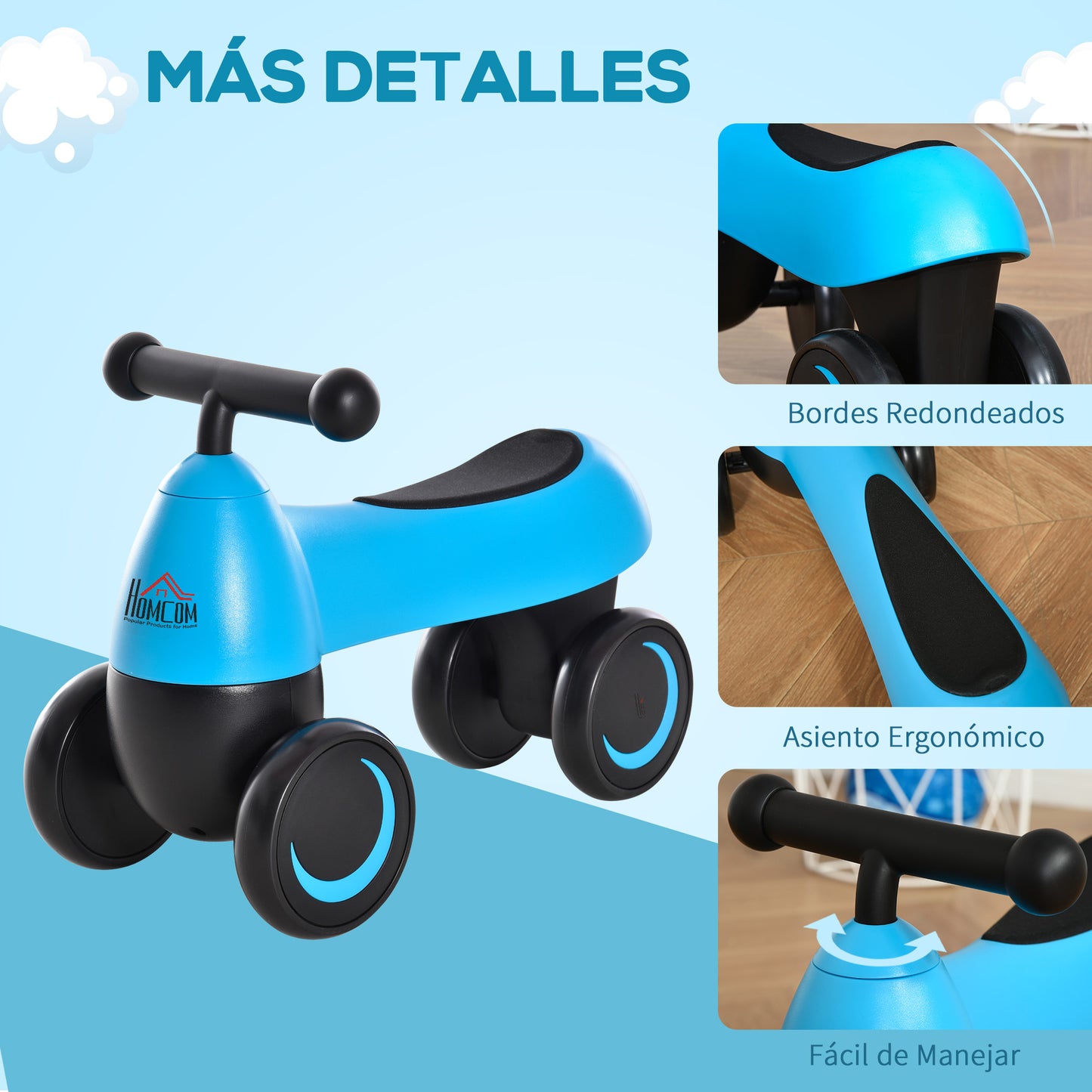 HOMCOM Correpasillos de Equilibrio para Niños Bicicleta sin Pedales Bebés de 18-36 Meses Altura Asiento de 26 cm con 4 Ruedas y Manillar Regalo de Cumpleaños 54x26x38 cm Azul