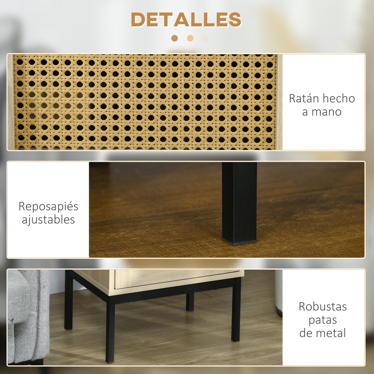 HOMCOM Mesita de Noche con Puerta de Rejilla de Ratán Mesilla de Noche Estilo Boho con Patas de Metal para Salón Dormitorio Sofá 43x30x51 cm Roble