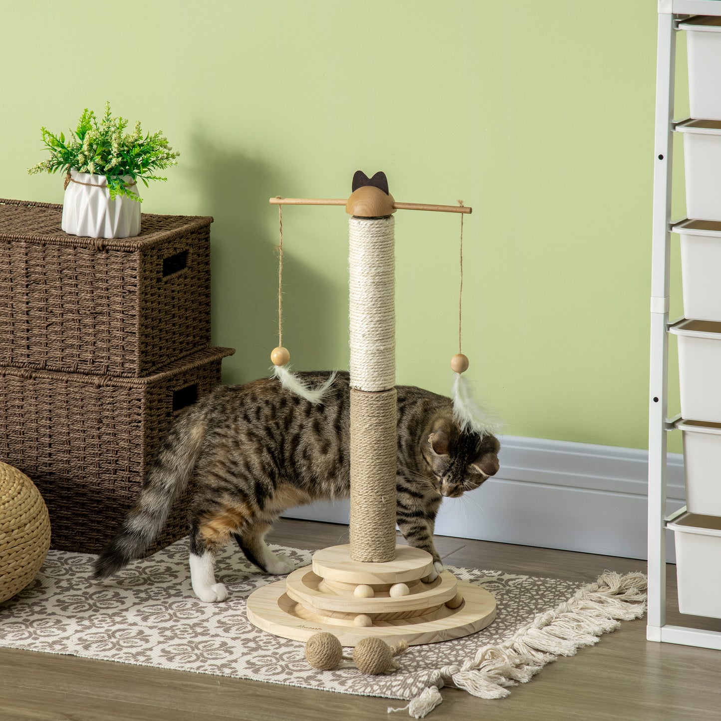 PawHut Árbol Rascador para Gatos de Madera Altura 56 cm Torre para Gatos Centro de Actividades para Gatitos con Poste de Yute y Sisal Bolas para Jugar Ø32x56 cm Natural