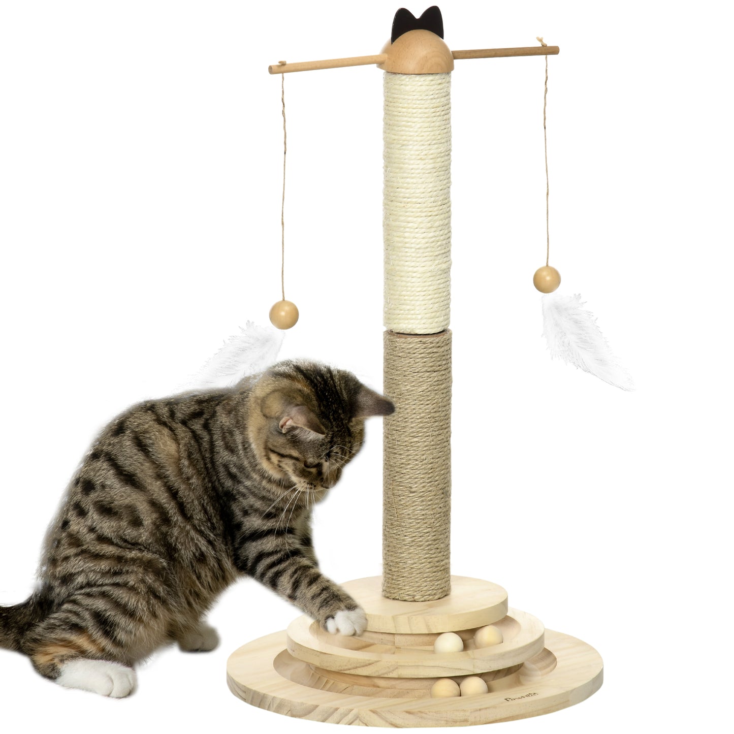 PawHut Árbol Rascador para Gatos de Madera Altura 56 cm Torre para Gatos Centro de Actividades para Gatitos con Poste de Yute y Sisal Bolas para Jugar Ø32x56 cm Natural