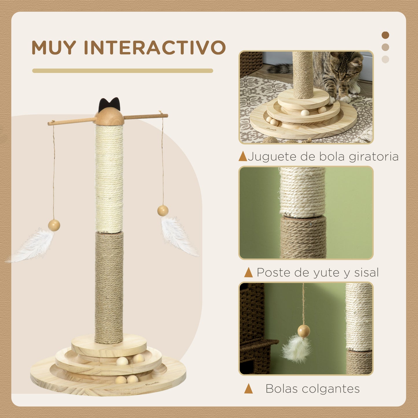 PawHut Árbol Rascador para Gatos de Madera Altura 56 cm Torre para Gatos Centro de Actividades para Gatitos con Poste de Yute y Sisal Bolas para Jugar Ø32x56 cm Natural