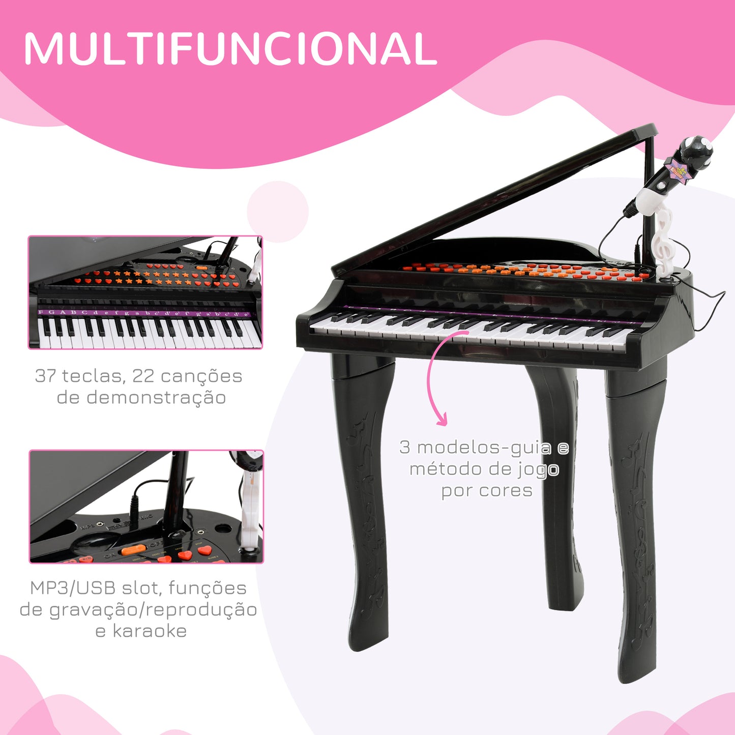 HOMCOM Piano Infantil 37 Teclas Teclado Electrónico Juego de Piano con Micrófono Taburete Luces y 22 Canciones USB/MP3 Karaoke Modo de Enseñanza Negro