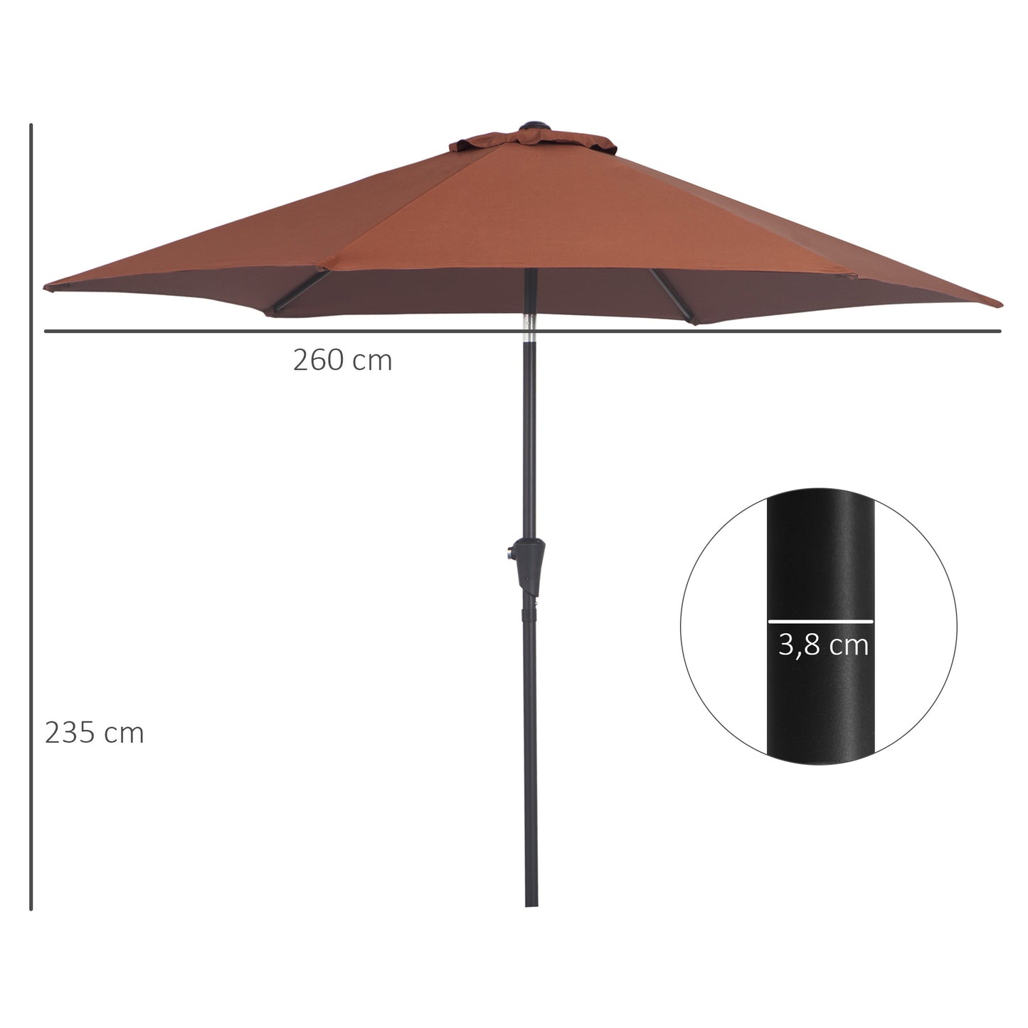 Outsunny Sombrilla para Jardín Ø260x235 cm Parasol de Aluminio Reclinable con Manivela y 6 Varillas de Metal para Terraza Exterior Balcón Café