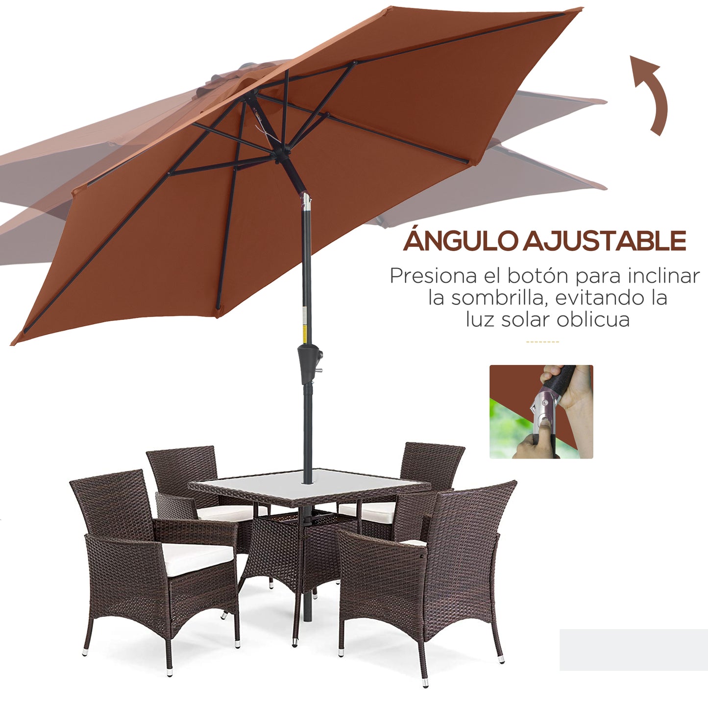 Outsunny Sombrilla para Jardín Ø260x235 cm Parasol de Aluminio Reclinable con Manivela y 6 Varillas de Metal para Terraza Exterior Balcón Café