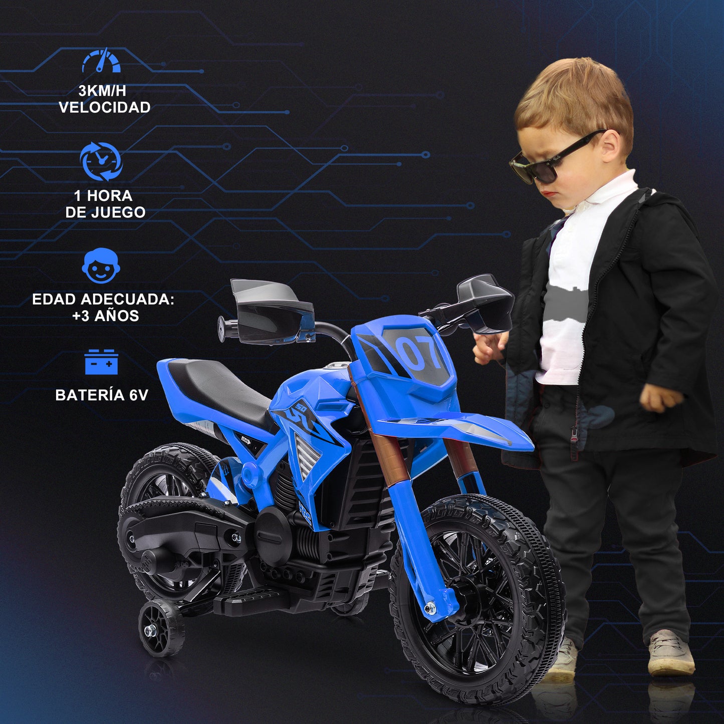 AIYAPLAY Moto Eléctrica para Niños de +3 Años Moto de Batería para Niños 6V con Ruedas de Entrenamiento y Bocina Moto para Niños Carga 30 kg Azul