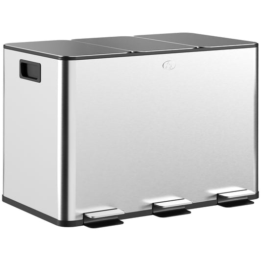 HOMCOM Cubo de Basura de Cocina con 3 Compartimentos 3x10L Papelera de Cocina de Acero Inoxidable con Pedales Tapas de Cierre Suave y Cubo Extraíble para Reciclaje Residuos Restos de Comida Plata