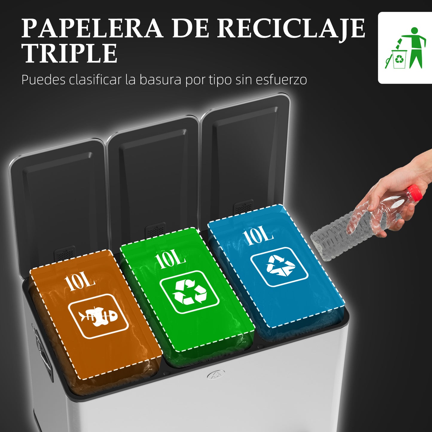 HOMCOM Cubo de Basura de Cocina con 3 Compartimentos 3x10L Papelera de Cocina de Acero Inoxidable con Pedales Tapas de Cierre Suave y Cubo Extraíble para Reciclaje Residuos Restos de Comida Plata