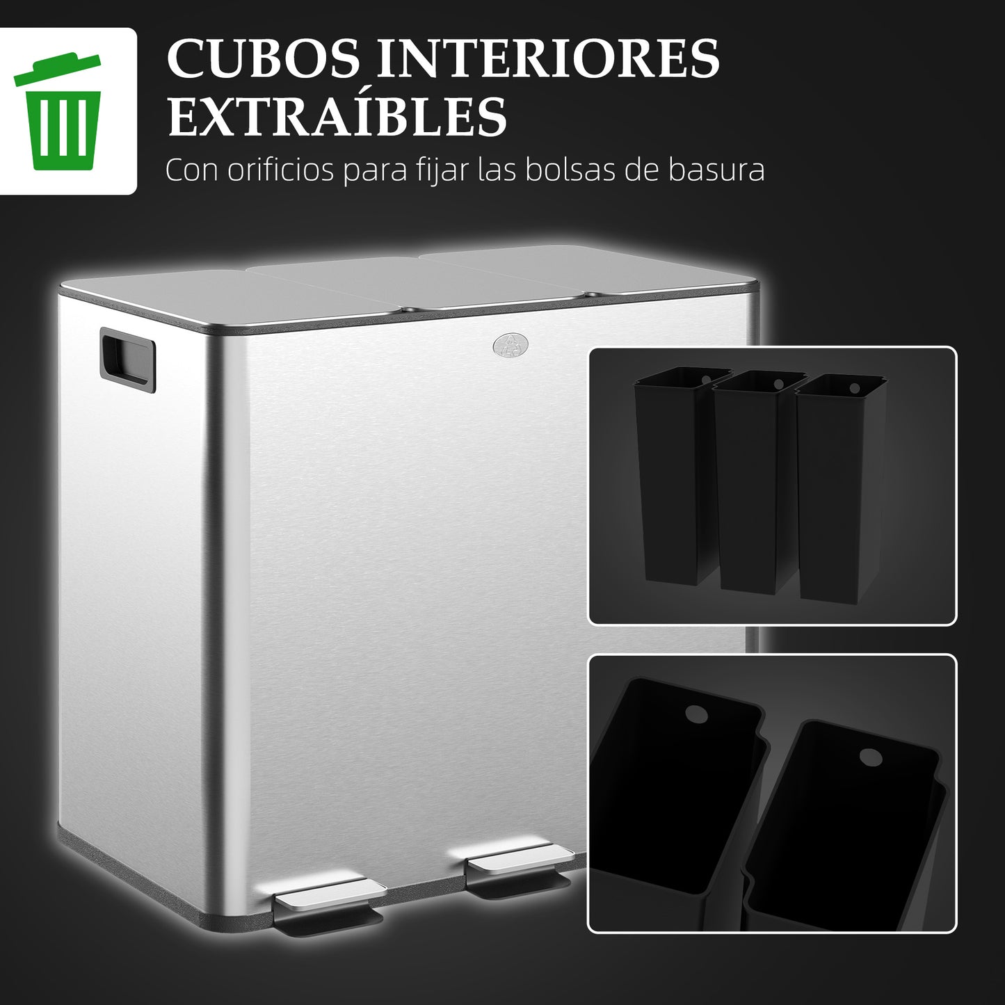 HOMCOM Cubo de Basura de Cocina con 3 Compartimentos 3x10L Papelera de Cocina de Acero Inoxidable con Pedales Tapas de Cierre Suave y Cubo Extraíble para Reciclaje Residuos Restos de Comida Plata