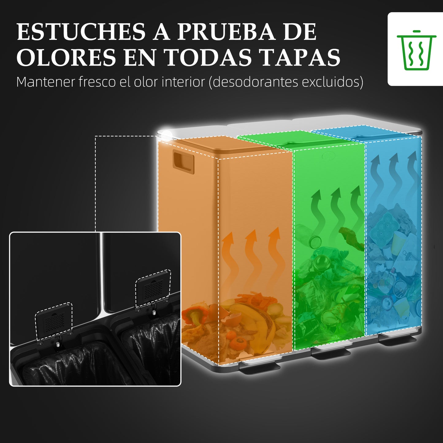 HOMCOM Cubo de Basura de Cocina con 3 Compartimentos 3x10L Papelera de Cocina de Acero Inoxidable con Pedales Tapas de Cierre Suave y Cubo Extraíble para Reciclaje Residuos Restos de Comida Plata