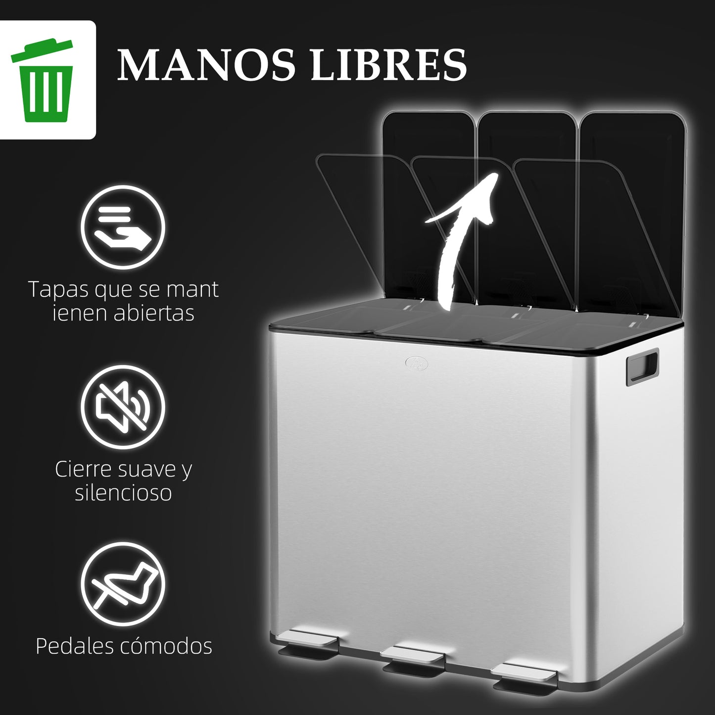 HOMCOM Cubo de Basura de Cocina con 3 Compartimentos 3x10L Papelera de Cocina de Acero Inoxidable con Pedales Tapas de Cierre Suave y Cubo Extraíble para Reciclaje Residuos Restos de Comida Plata