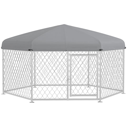 PawHut Perrera de Exterior Hexagonal Jaula para Perros con Puerta Marco de Acero Galvanizado y Toldo Impermeable y Anti-UV 210x185x150 cm Plata