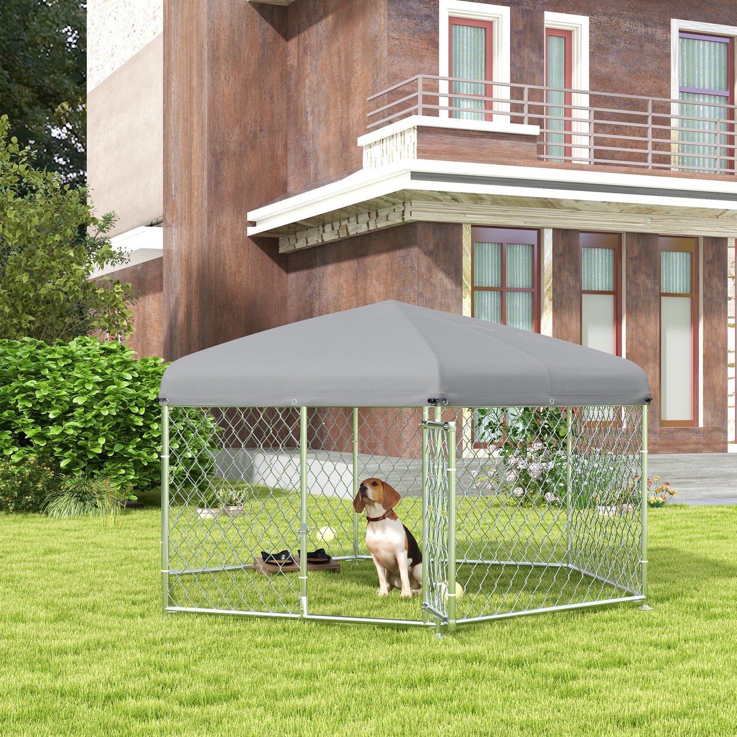 PawHut Perrera de Exterior Hexagonal Jaula para Perros con Puerta Marco de Acero Galvanizado y Toldo Impermeable y Anti-UV 210x185x150 cm Plata