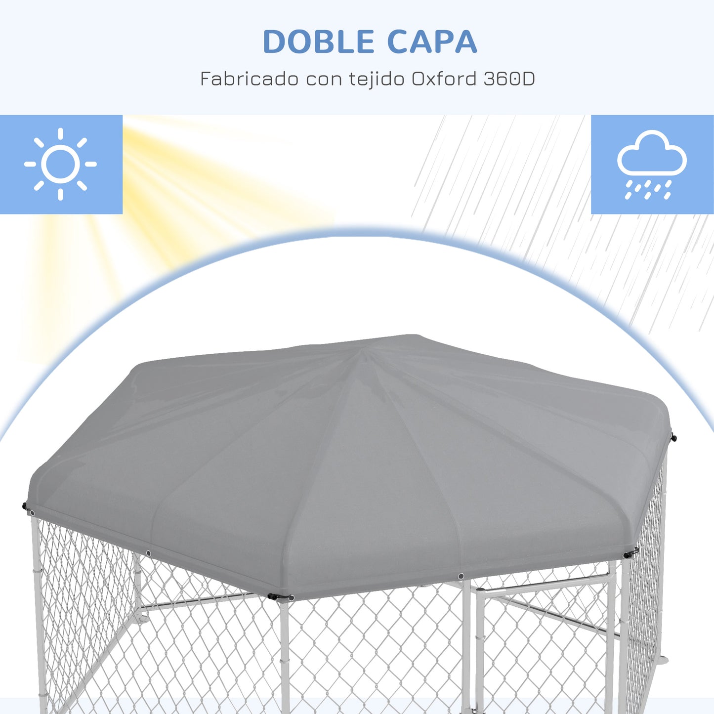 PawHut Perrera de Exterior Hexagonal Jaula para Perros con Puerta Marco de Acero Galvanizado y Toldo Impermeable y Anti-UV 210x185x150 cm Plata