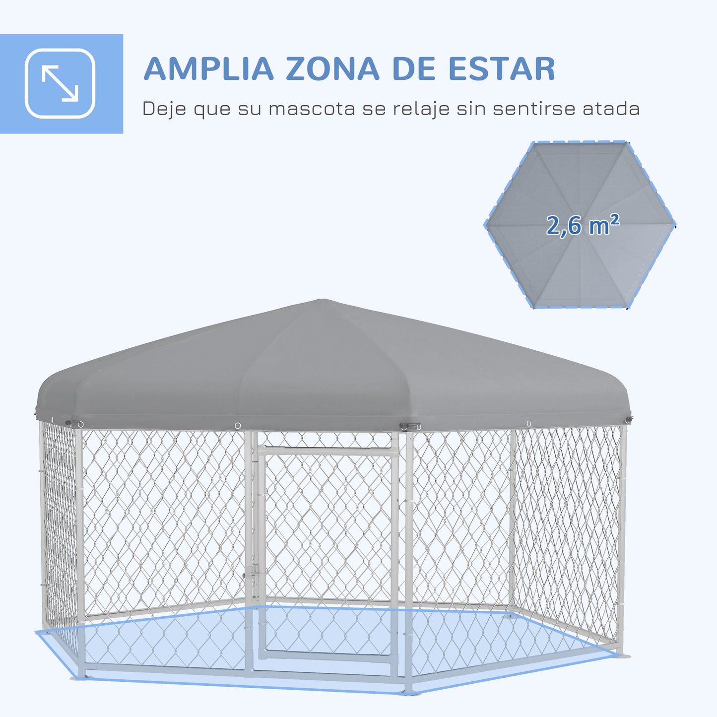 PawHut Perrera de Exterior Hexagonal Jaula para Perros con Puerta Marco de Acero Galvanizado y Toldo Impermeable y Anti-UV 210x185x150 cm Plata