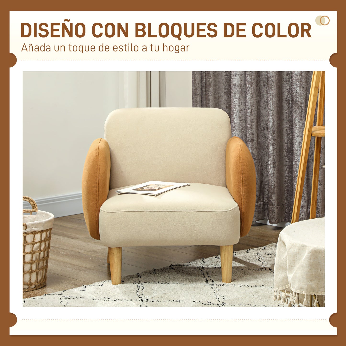 HOMCOM Sofá individual Tapizado en Terciopelo Sofá de Salón con Reposabrazos y Patas de Madera Sofá Pequeño Carga 120 kg para Dormitorio Oficina 72x87x82 cm Crema