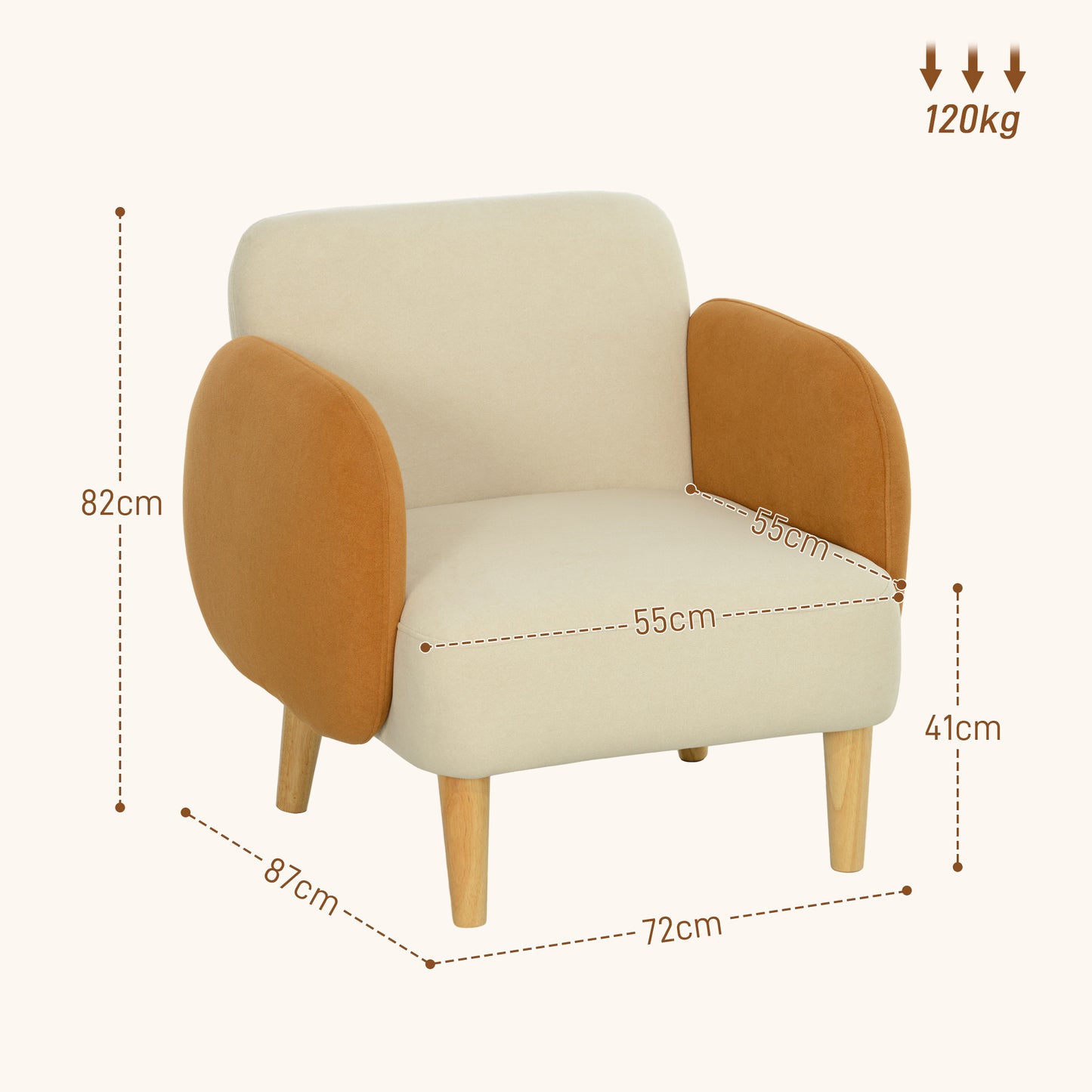 HOMCOM Sofá individual Tapizado en Terciopelo Sofá de Salón con Reposabrazos y Patas de Madera Sofá Pequeño Carga 120 kg para Dormitorio Oficina 72x87x82 cm Crema