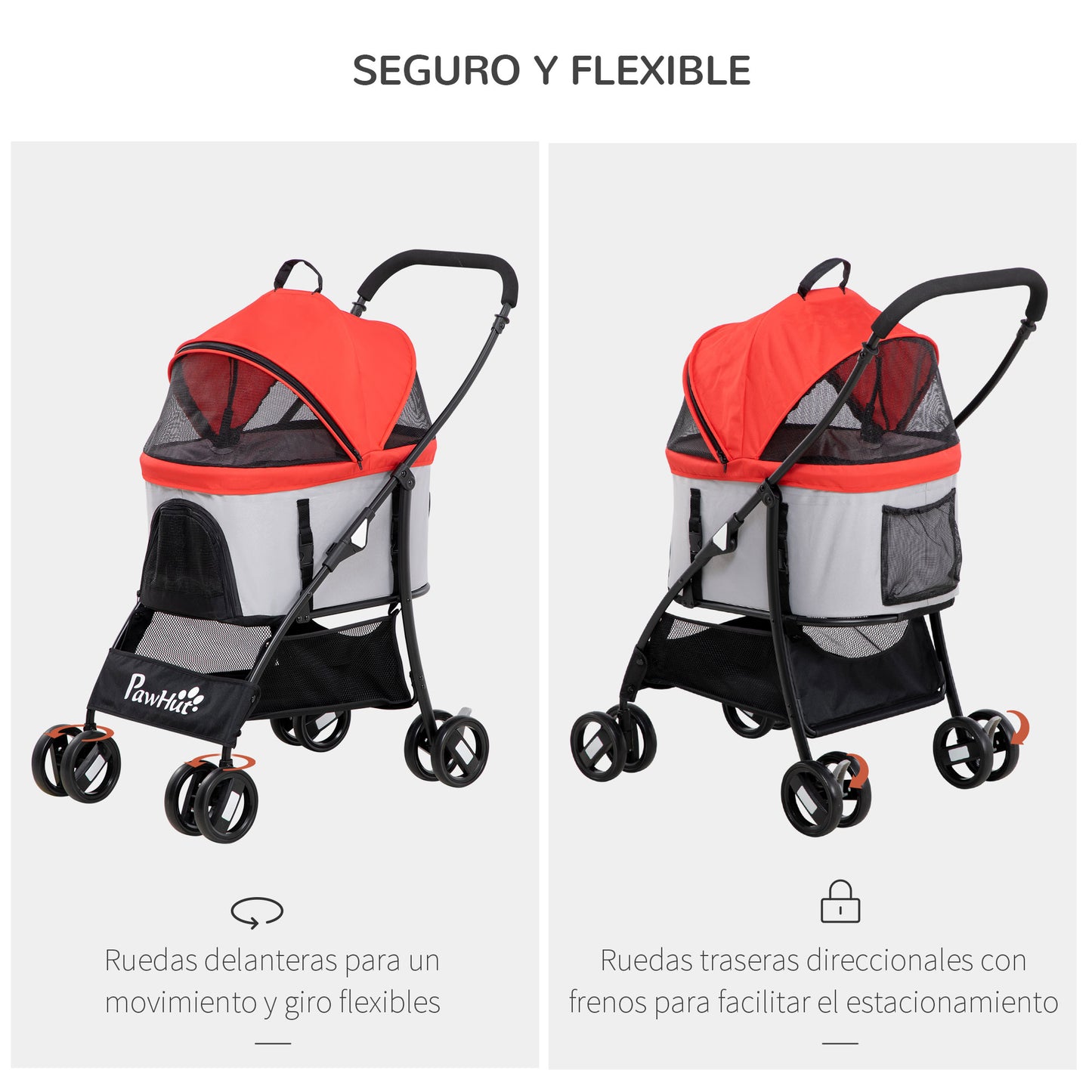 PawHut Carrito para Perros Plegable 3 en 1 Cochecito para Mascotas Carrito para Perros Pequeños con Vagón Desmontable Cesta de Almacenaje Correas de Seguridad y Cojín Rojo